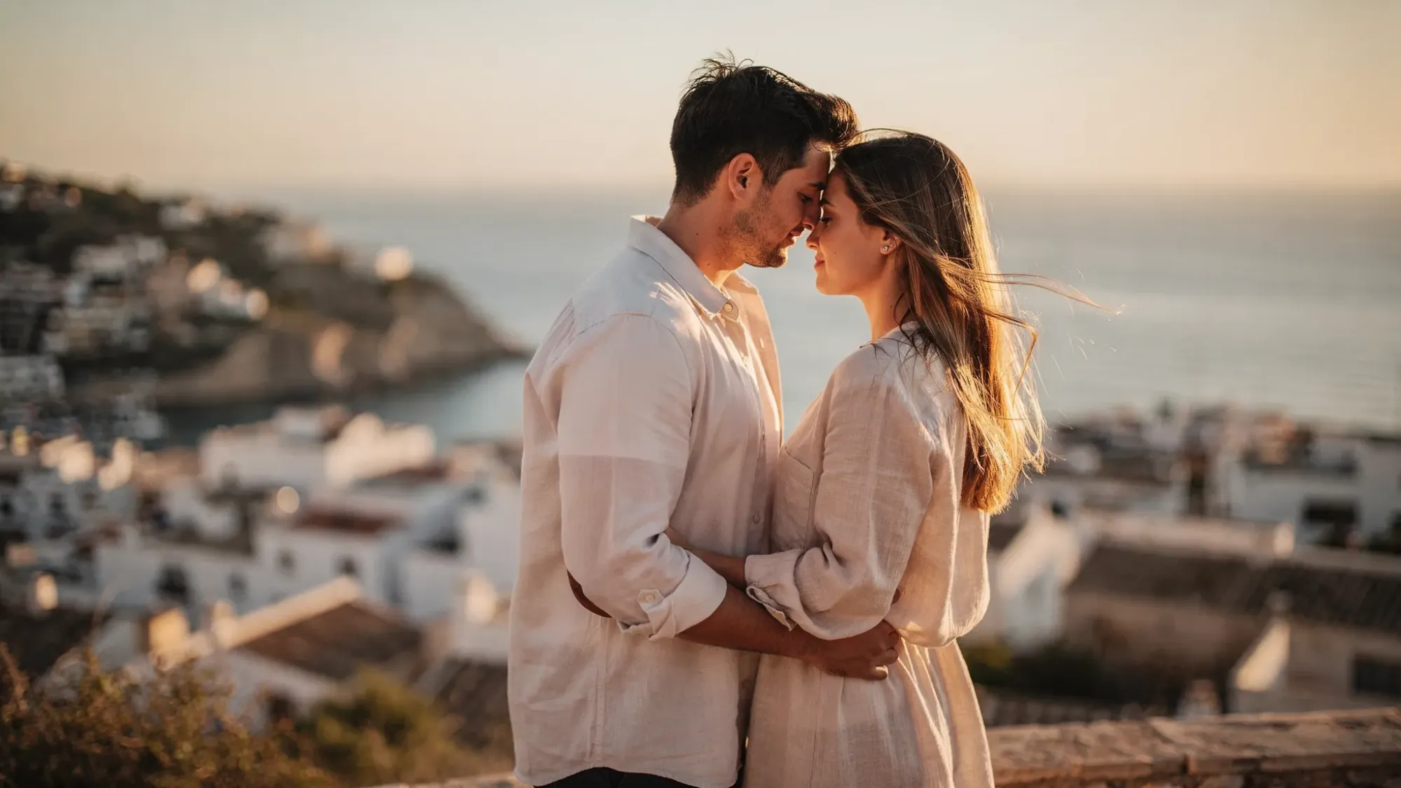 A couple stands close on a quiet hillside viewpoint above the Mediterranean, with Altea’s coastline and layered blue sea stretching behind them. The light is golden and soft, the wind gently moves their clothing, and the scene feels private and cinematic.
