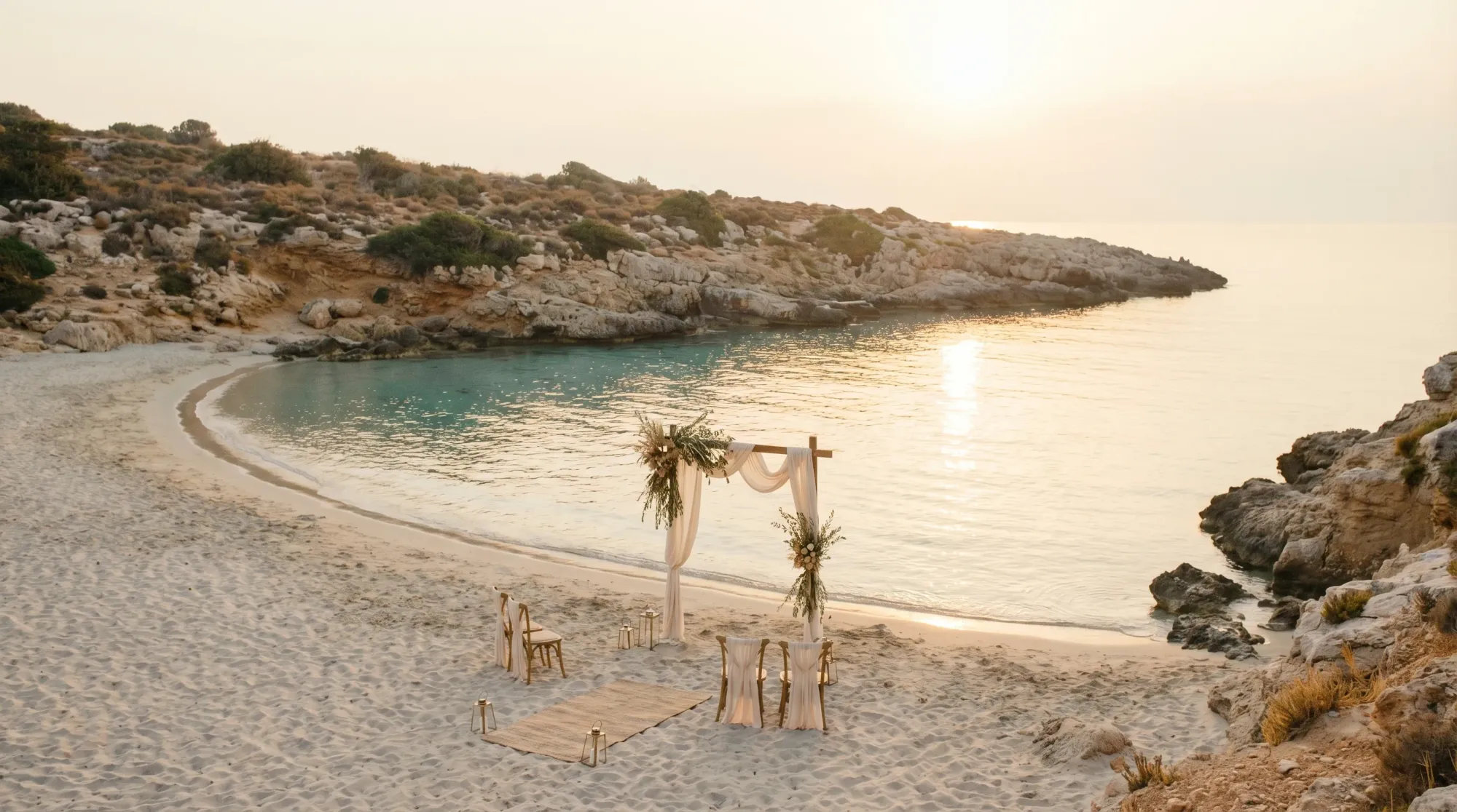 A quiet Mediterranean cove at sunrise with a small curve of sand, calm water reflecting pale gold light, low cliffs framing the bay, and an empty shoreline ready for intimate vows.