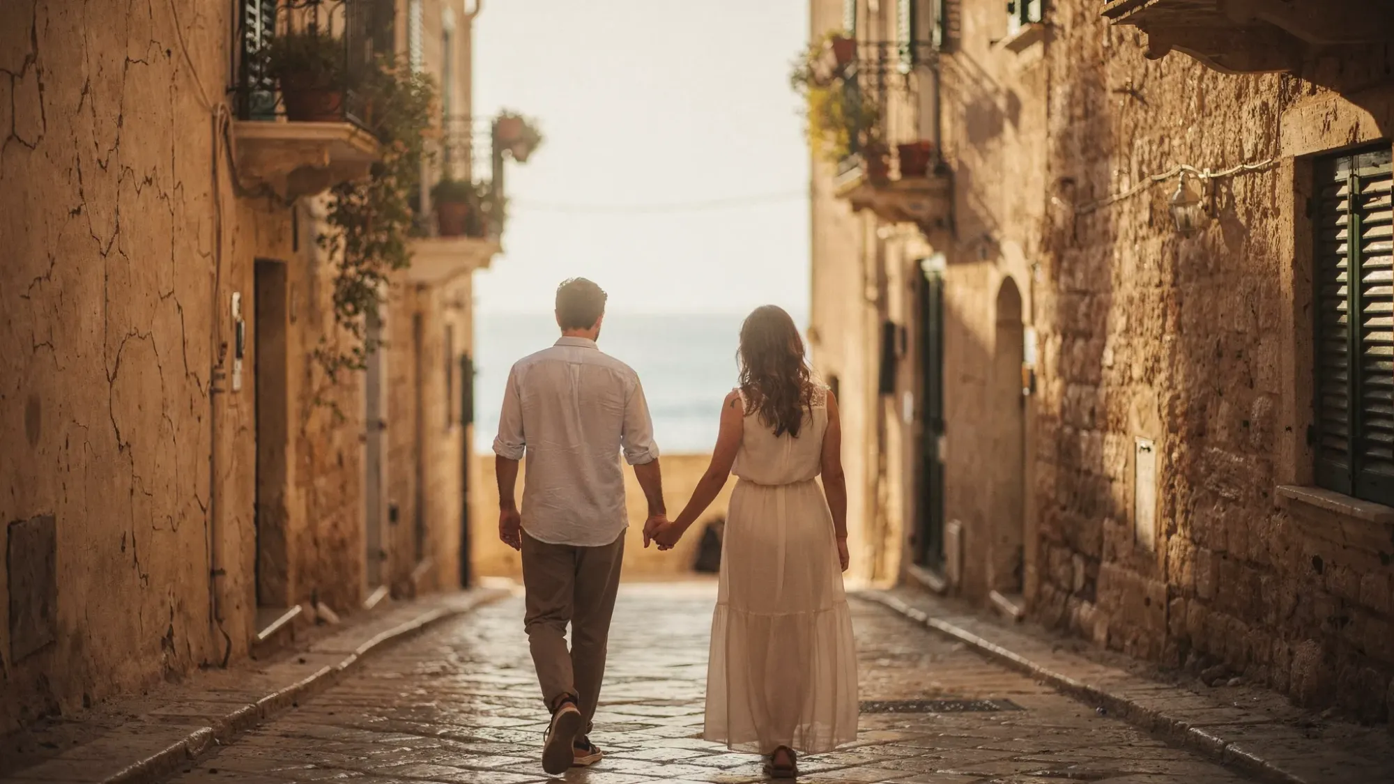 A couple walking hand in hand through a narrow Mediterranean old-town street with warm stone walls, small balconies, and soft morning light. The street feels quiet and intimate, with a hint of the sea at the end of the lane.