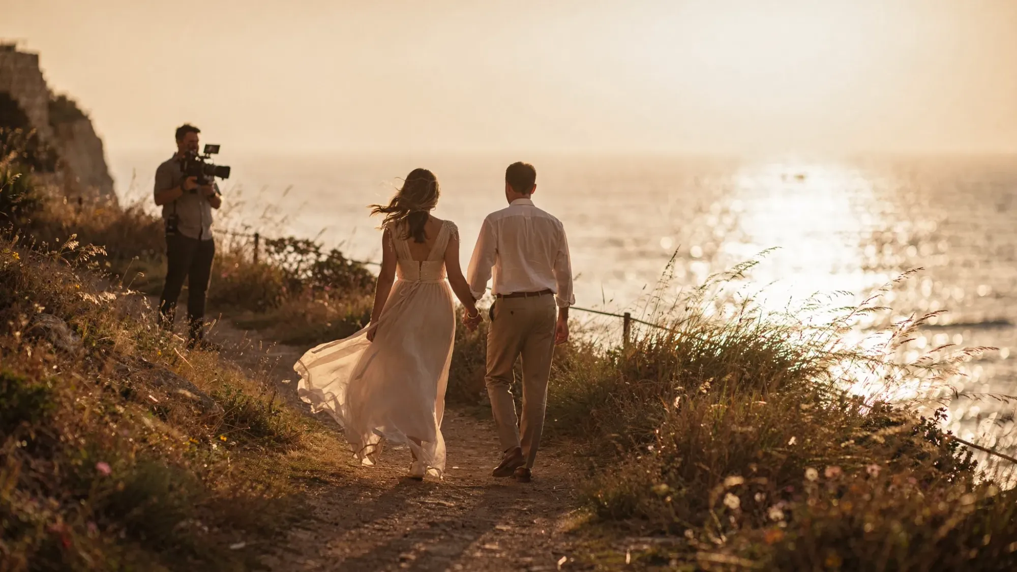 A cinematic, intimate elopement moment on a Mediterranean cliff path at golden hour, with a couple walking hand-in-hand toward a quiet overlook while a lone filmmaker follows at a respectful distance; wind moves the bride’s dress and tall grasses, the sea glows below, and the scene feels private, calm, and unhurried.