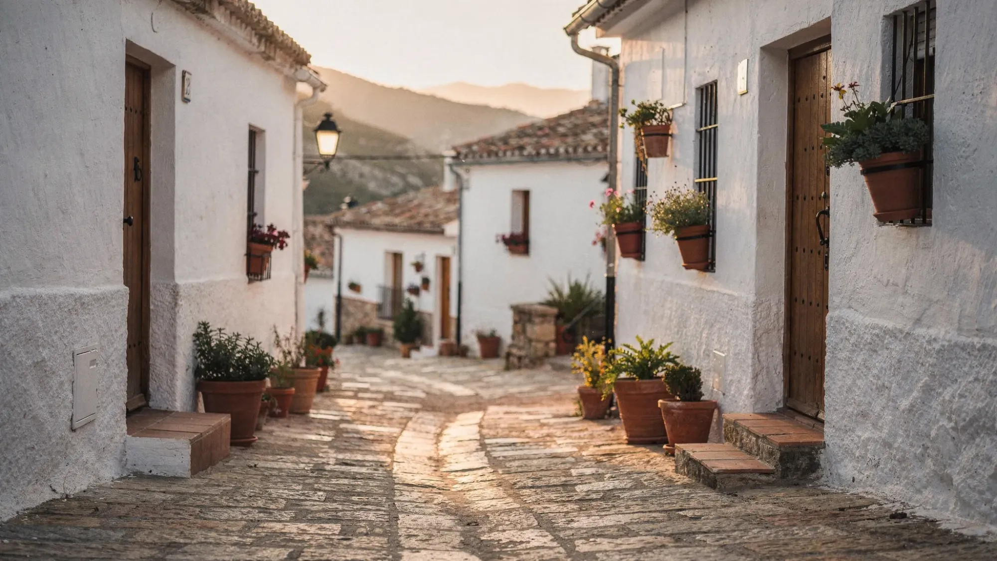 A quiet stone street in a small Spanish mountain village with whitewashed facades, wooden doors, terracotta pots, and warm late-afternoon light spilling across the ground.