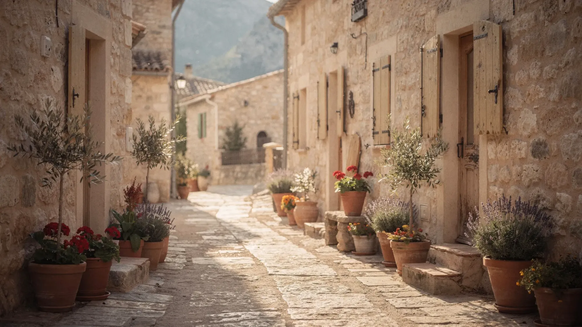 A quiet mountain village street in Tàrbena, Spain, with pale stone houses, simple wooden doors, terracotta pots, and soft morning light spilling into the narrow lane.