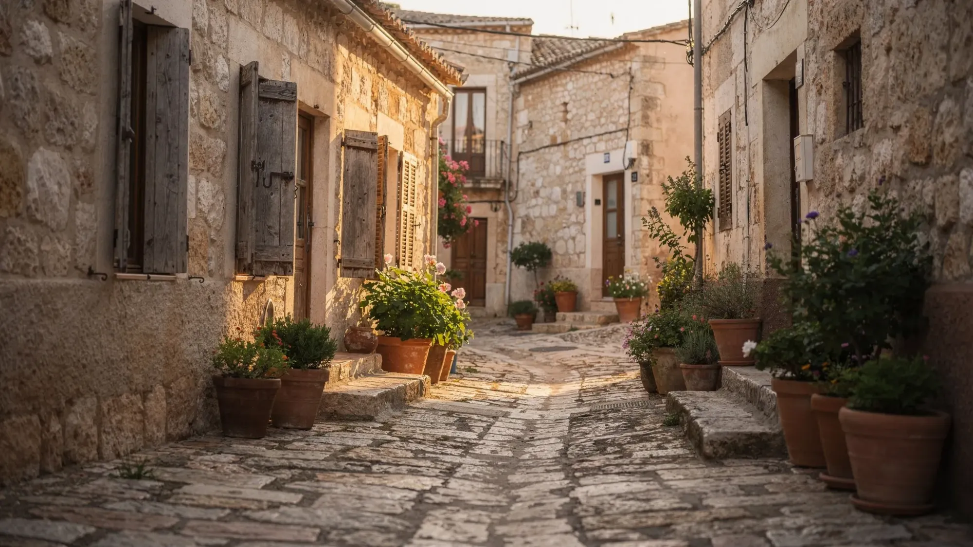 A quiet stone street in Penàguila with old houses, pale limestone walls, wooden shutters, potted plants by doorways, and soft morning light falling between the narrow lanes.