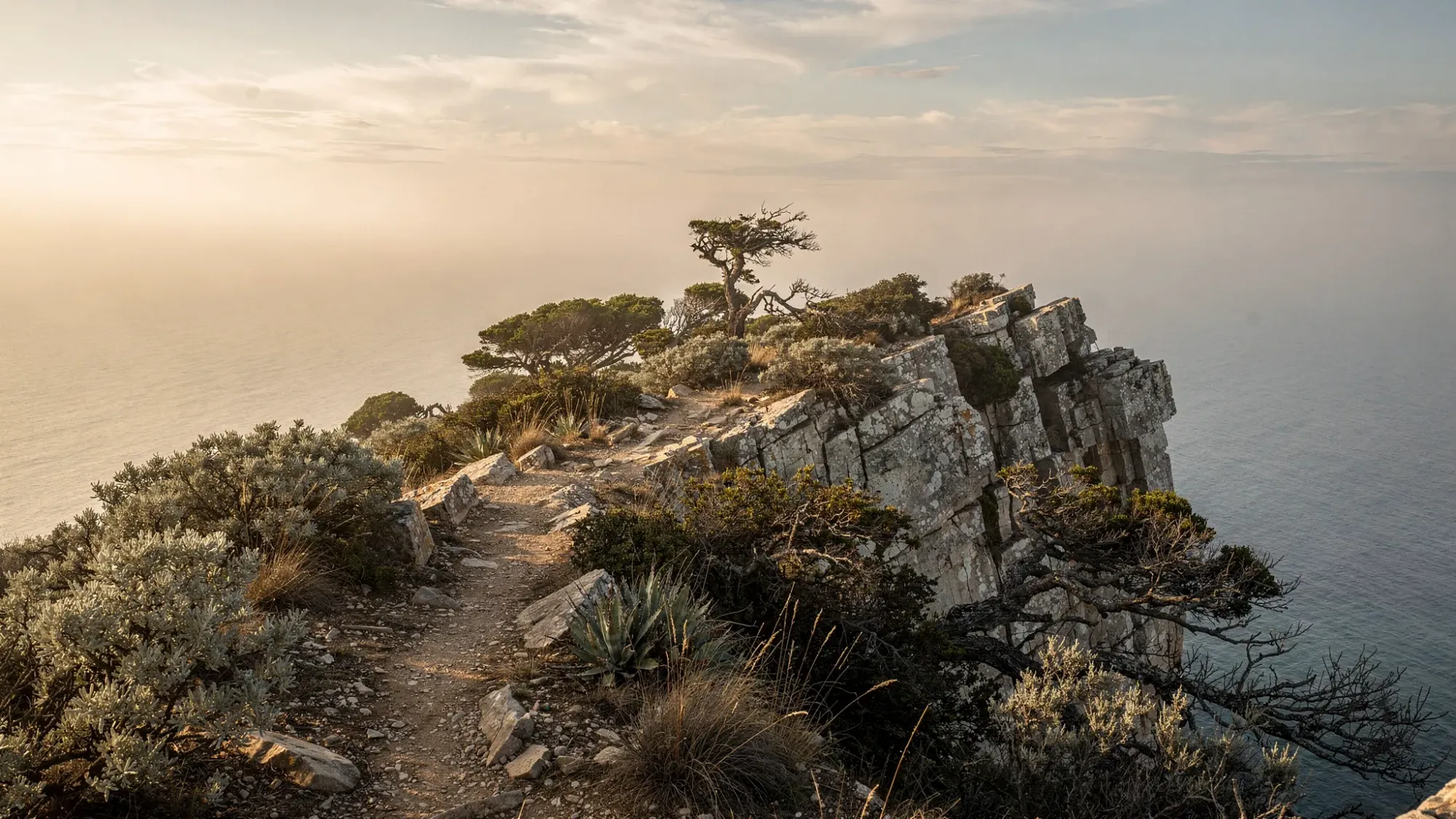 A secluded Mediterranean cliffside at dawn with pale gold light spilling over rugged rocks, a narrow footpath winding through low coastal shrubs, and the sea far below with soft mist near the horizon. No people, no buildings, just wind-shaped plants and open sky.