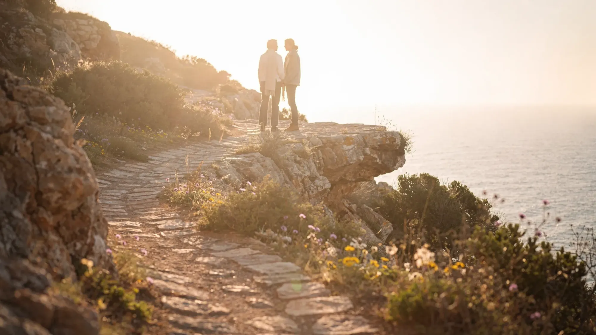 A quiet Mediterranean cliffside footpath at sunrise with rugged rock edges, low coastal shrubs, and the sea far below. Two figures stand close together near a natural overlook as soft golden light begins to touch the horizon.