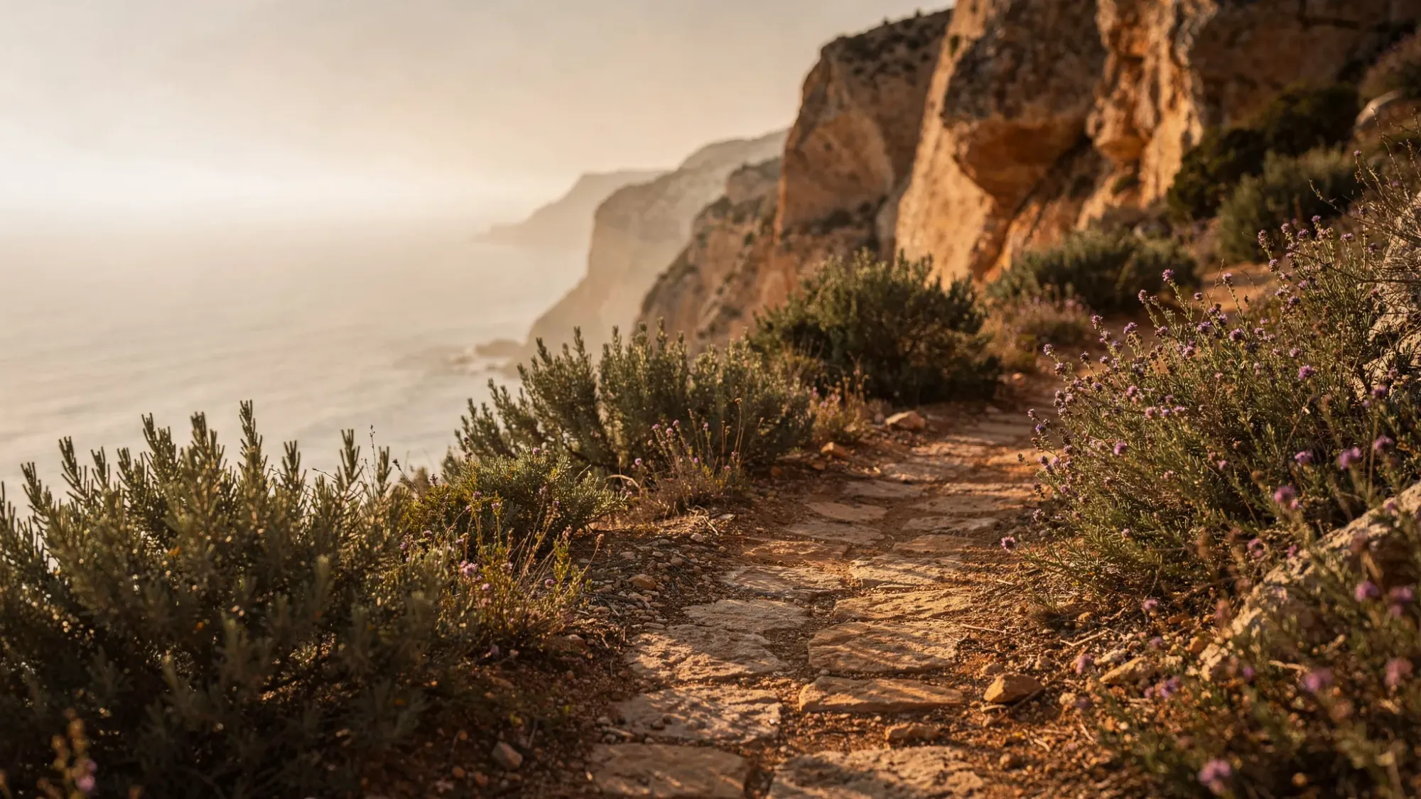 A quiet coastal footpath in Mediterranean Spain leading toward a secluded cliff overlook at golden hour. Low shrubs and wild rosemary line the trail, the sea is visible far below, and the light shifts warm across the rocks, creating a cinematic, intimate sense of arrival.