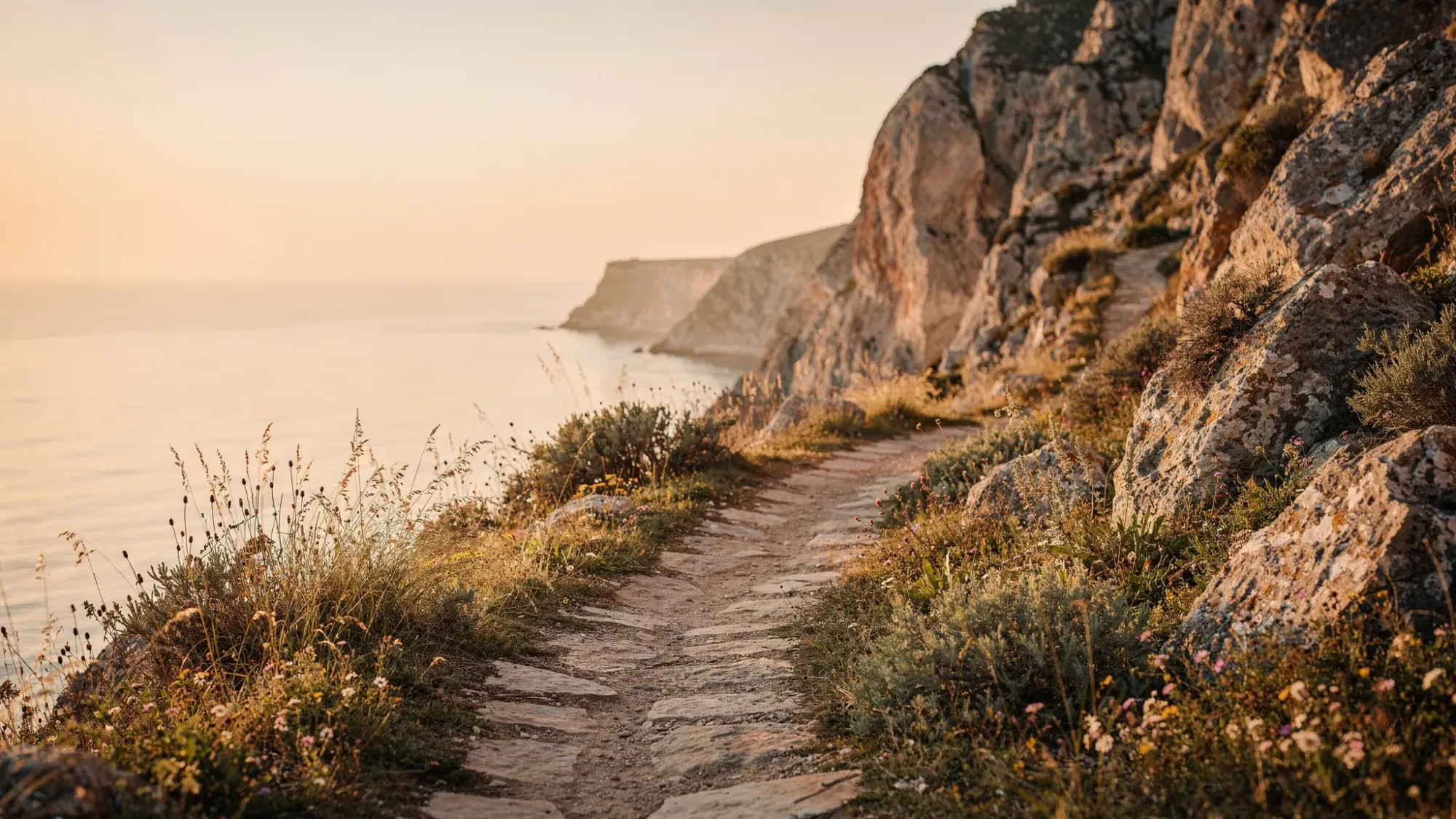 A quiet Mediterranean coastal overlook at sunrise with rugged cliffs and a narrow footpath leading toward the sea, soft golden light touching wild grasses and weathered rock, creating a sense of privacy and stillness.