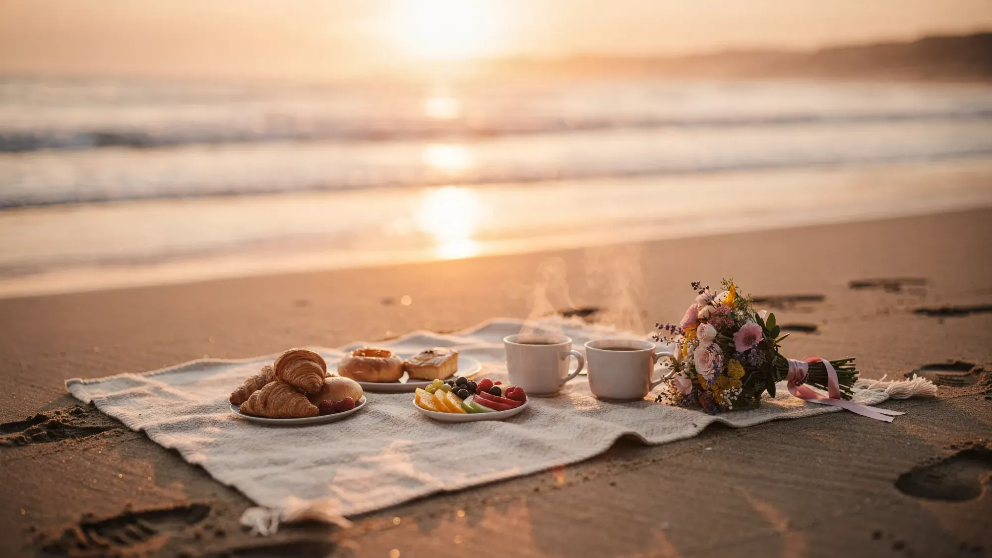 A cinematic post-ceremony breakfast picnic on a secluded beach at sunrise: a simple blanket on sand with pastries, fruit, two coffee cups, and a small bouquet, with warm golden light and gentle waves in the background.