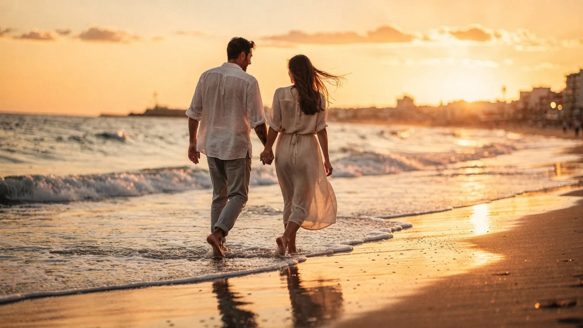A warm sunset walk on the coast near San Juan, Alicante, with two people holding hands along the shoreline. The sky is golden and soft, waves reflect the light, and the scene feels intimate and cinematic with gentle sea breeze movement in clothing and hair.