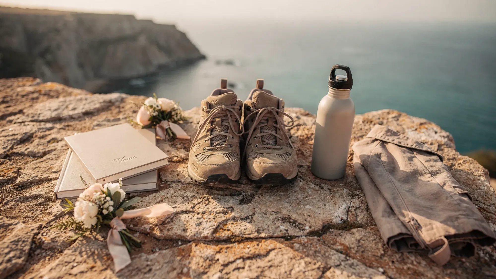 A minimalist elopement essentials flat lay on a sunlit rock ledge, including sturdy walking shoes, simple vow books, a small bouquet, water bottle, and a light jacket, with the Mediterranean coastline blurred in the background.