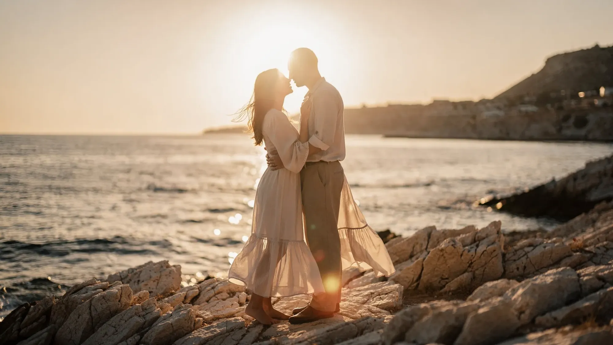 A couple standing on a rocky Mediterranean cove at golden hour, the sea behind them reflecting warm light. They are close together, wind gently moving their clothing, creating a cinematic silhouette as the sun drops toward the horizon.