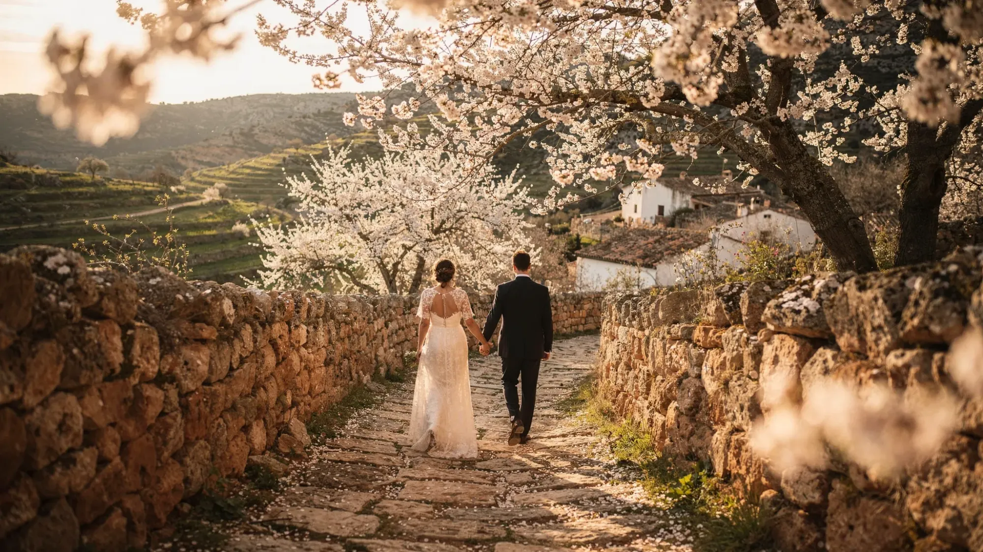 An intimate elopement moment in a quiet Spanish mountain village near Benirrama: a couple walks hand-in-hand along a narrow stone path between low stone walls and almond trees in bloom. Soft late-afternoon light filters through branches, with terraced hills in the distance.
