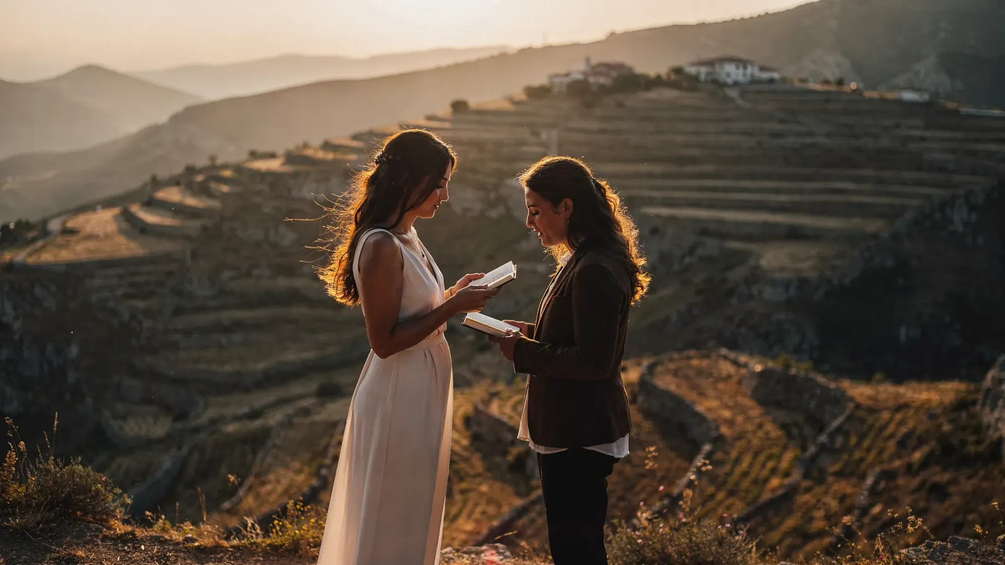 A couple standing on a mountain ridge in Spain during golden hour, with terraced hills below them and warm light outlining their silhouettes as they read vows in the wind.