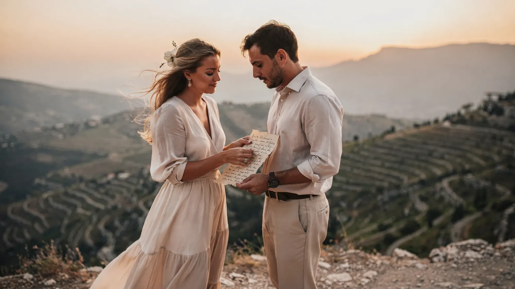 A couple standing close on a mountain overlook, reading handwritten vows as the wind moves their clothing, with layered Mediterranean valleys behind them in warm sunset light.