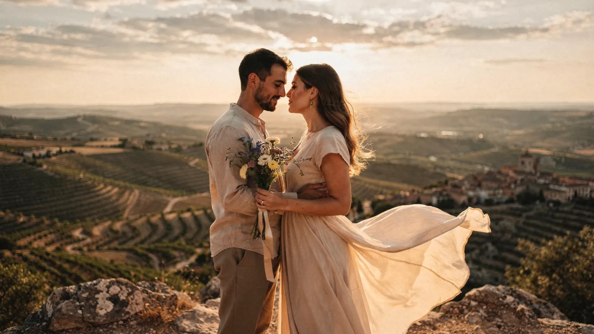 A couple standing close on a mountain overlook above a Spanish valley, wind lifting fabric gently, warm evening light, no crowd, simple bouquet, expansive landscape behind them.