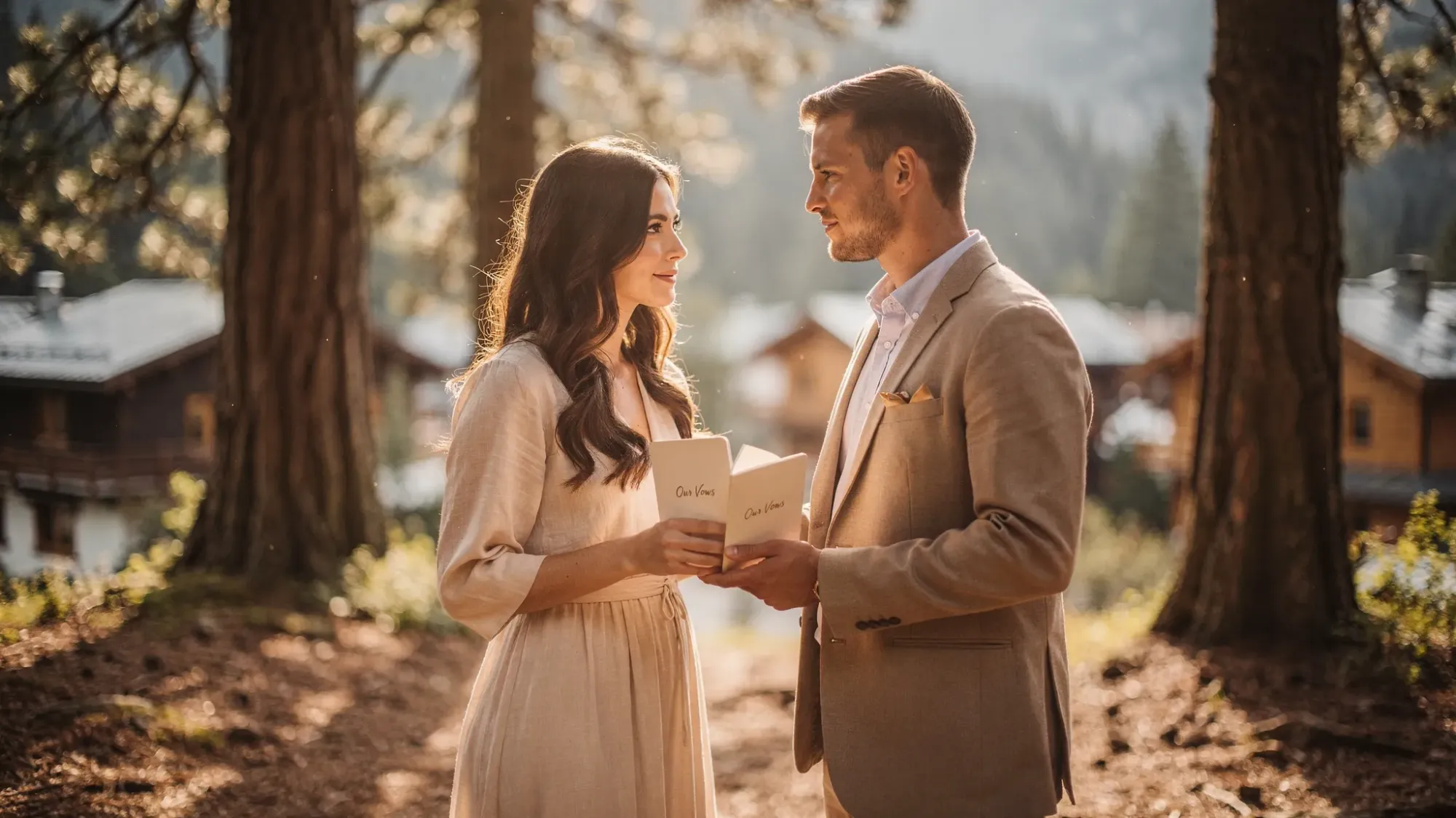 A couple standing quietly beneath tall pine trees near a mountain village, warm shafts of forest light crossing their hands and clothing as they hold vow books.