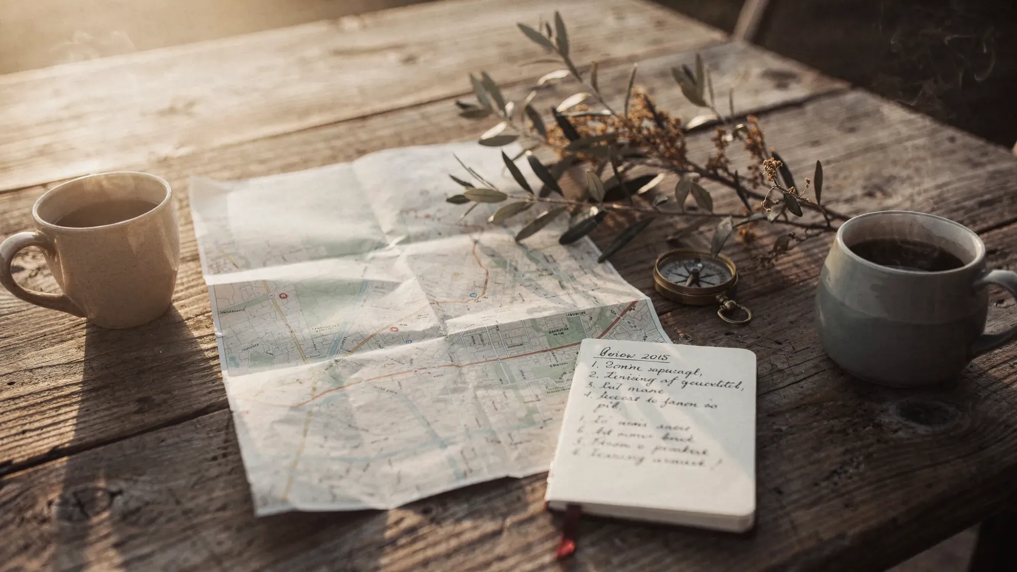 An intimate elopement planning moment at a rustic wooden table with a paper map, a simple handwritten timeline, and a small notebook beside a compass and dried olive branches. Two coffee cups sit nearby, suggesting a calm morning planning session without any screens.