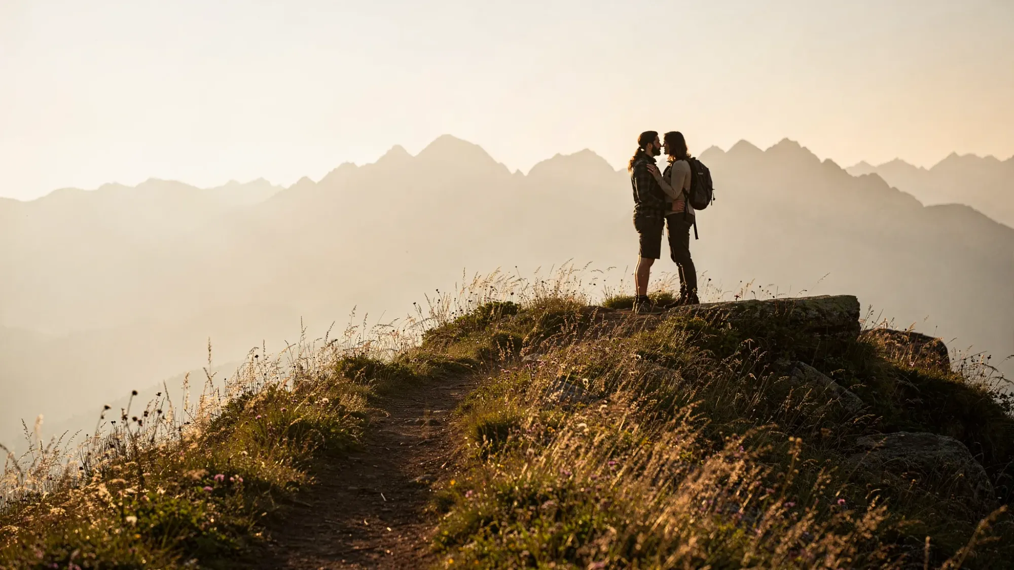 A quiet mountain ridgeline in soft morning light with a narrow trail, wild grasses, and distant peaks fading into haze. A couple stands close together near a calm overlook, with no other hikers in sight.