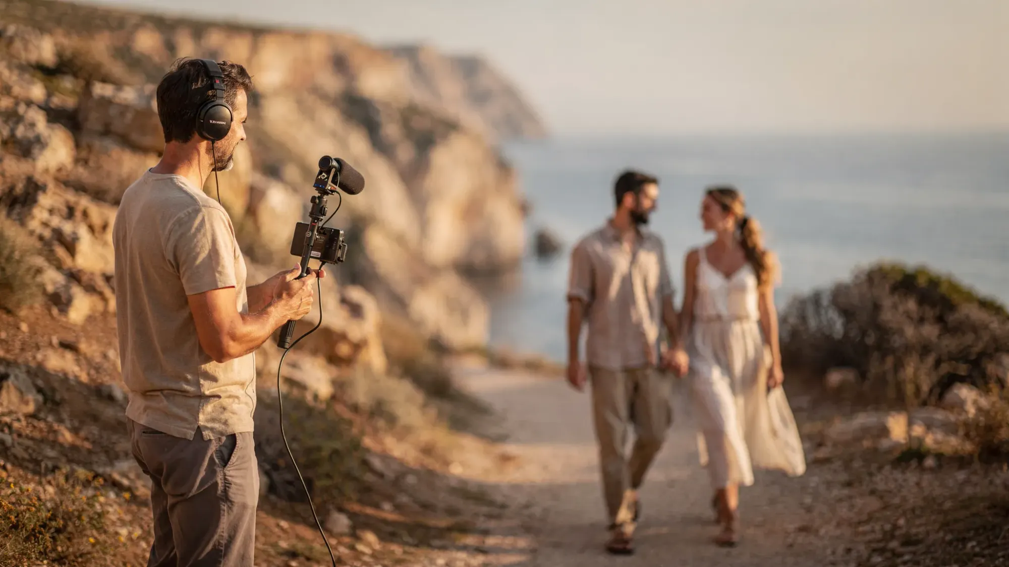 A filmmaker standing a respectful distance away on a Mediterranean cliff path, recording audio with a small microphone setup while a couple quietly holds hands in the warm evening light. The scene feels intimate and unobtrusive, emphasizing presence, natural movement, and the coastline in the distance.