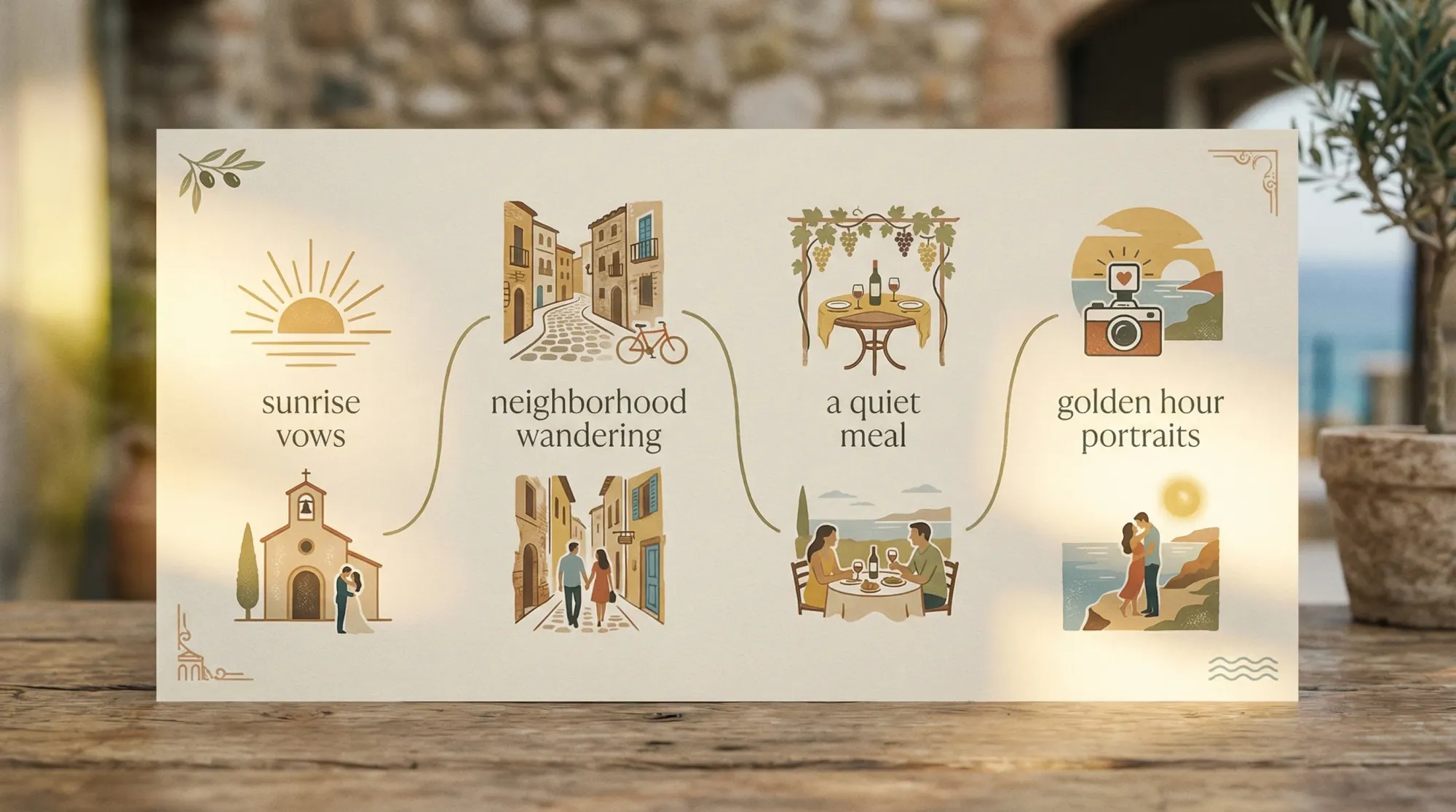 A simple visual timeline graphic for a Barcelona elopement day, showing chapters like sunrise vows, neighborhood wandering, a quiet meal, and golden hour portraits. The design feels cinematic and minimal, with soft Mediterranean colors and small icons for light, streets, and sea.