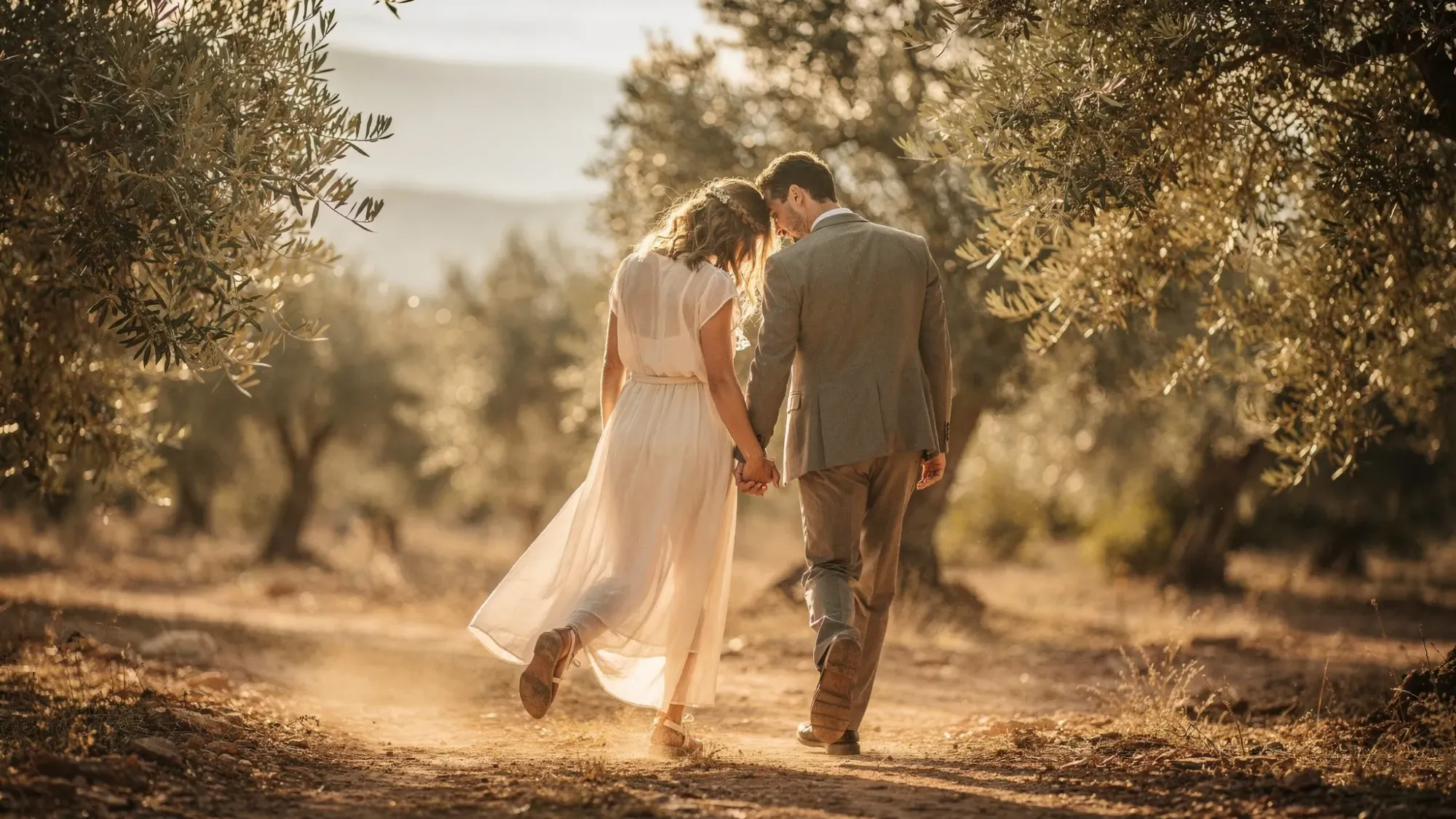 A candid moment of an eloping couple walking through a sunlit olive grove in Spain, hands intertwined, dust in the air, warm late-afternoon light filtering through silver-green leaves, conveying intimacy and quiet joy.