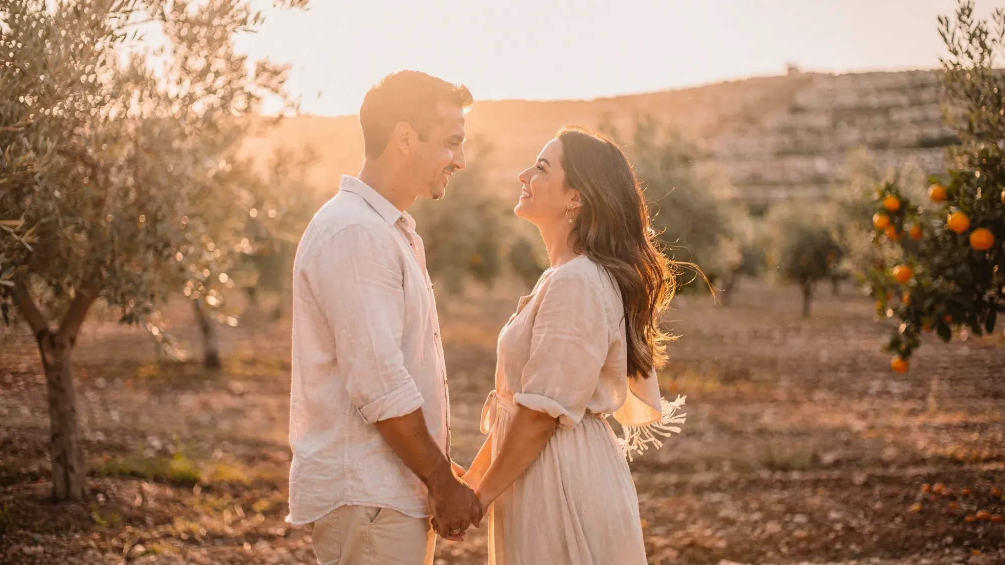 A couple standing hand-in-hand in a quiet olive-and-citrus countryside setting near Mutxamel during golden hour, with soft wind moving their clothes and warm sunlight breaking through scattered trees.