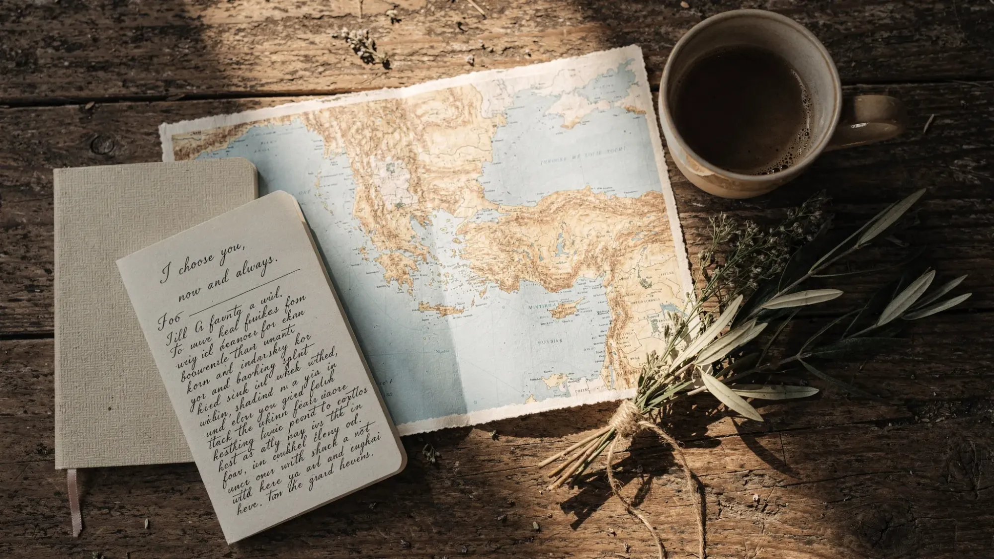 A flat lay on a rustic table showing an elopement planning moment: a paper map of a Mediterranean coastline, a small notebook with handwritten vows, a simple bouquet of wild herbs and olive branches, and a cup of coffee with morning light casting soft shadows.