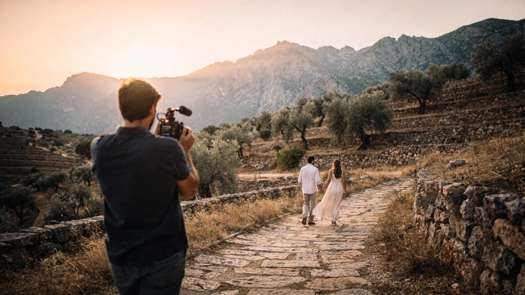 A filmmaker quietly captures a couple walking along a rural stone path near Benasau at sunset, with mountains, dry grasses, and olive terraces around them.