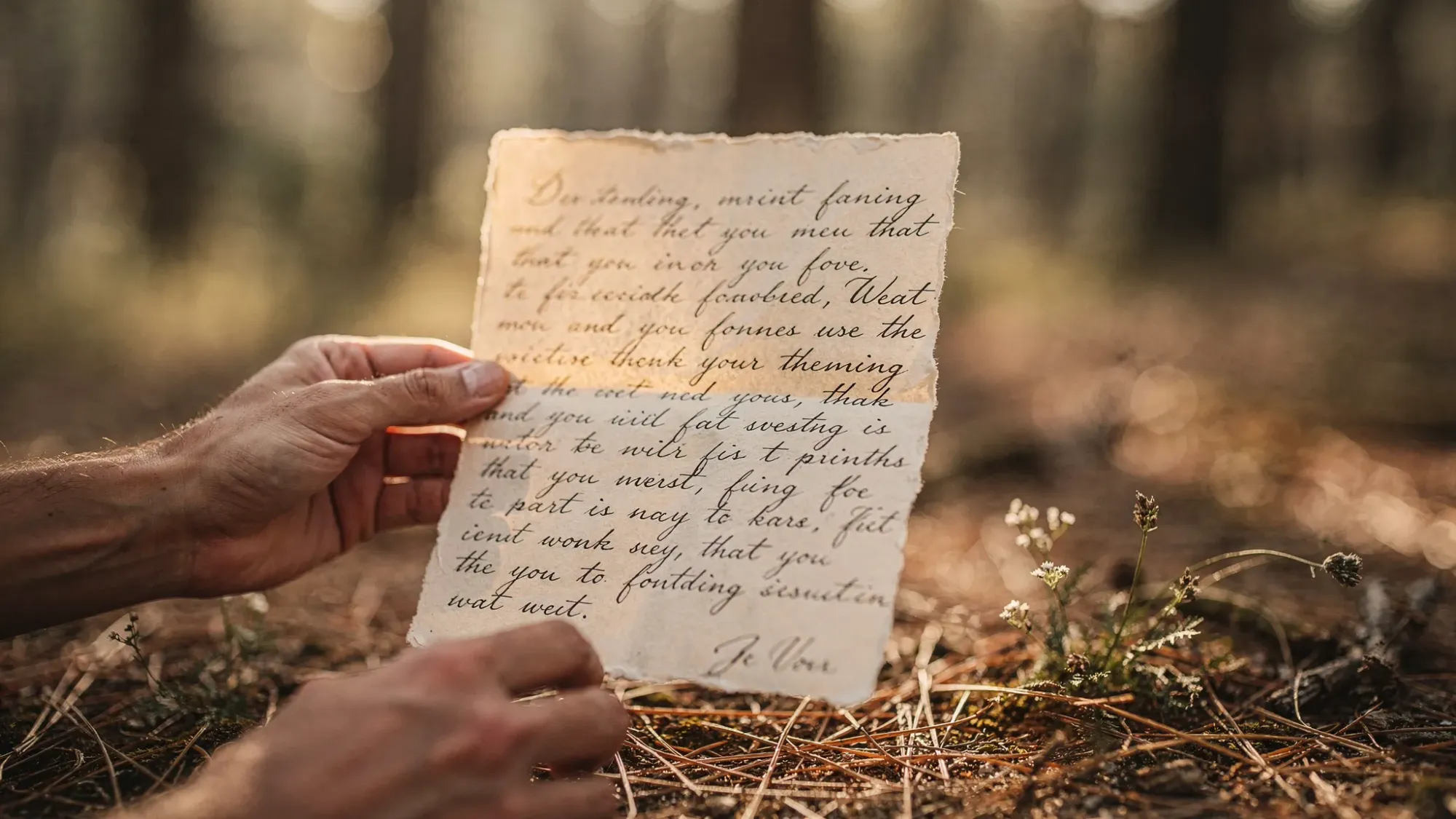 A close detail of two hands holding handwritten vows in a forest clearing near Alcoleja, with pine needles, small wild herbs, and soft golden light on the paper.