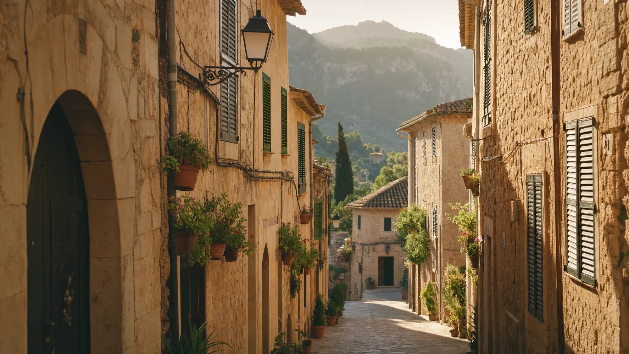A quiet Mallorca stone village at early morning with narrow warm-toned streets, old wooden shutters, and soft light spilling between buildings toward distant mountains.