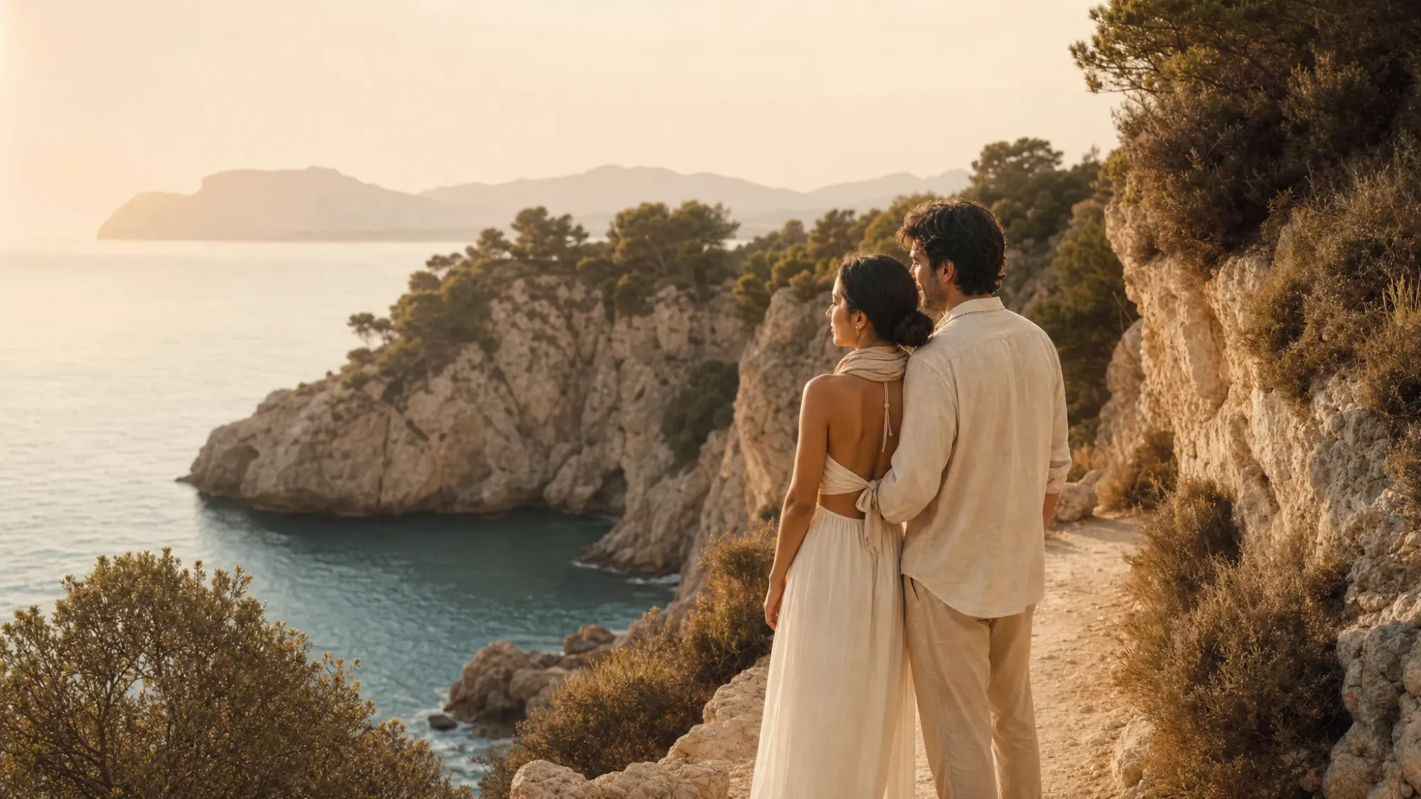 A couple stands together on a quiet cliff path in Spain, with rugged rocks, scrubby coastal plants, and a small hidden inlet below, while the sea and headland fade softly behind them in evening light.