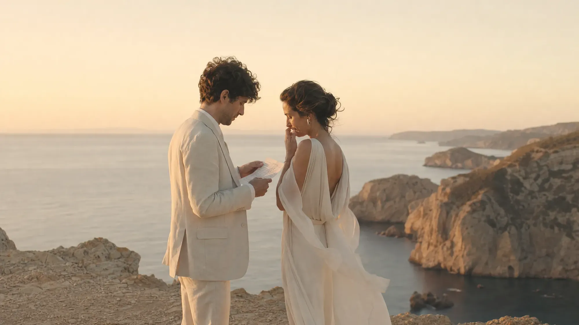 Two people stand close on a quiet cliff edge in Spain at sunrise, with the sea below, warm light touching the rocks, and wind moving softly through their clothing as they prepare for private vows.