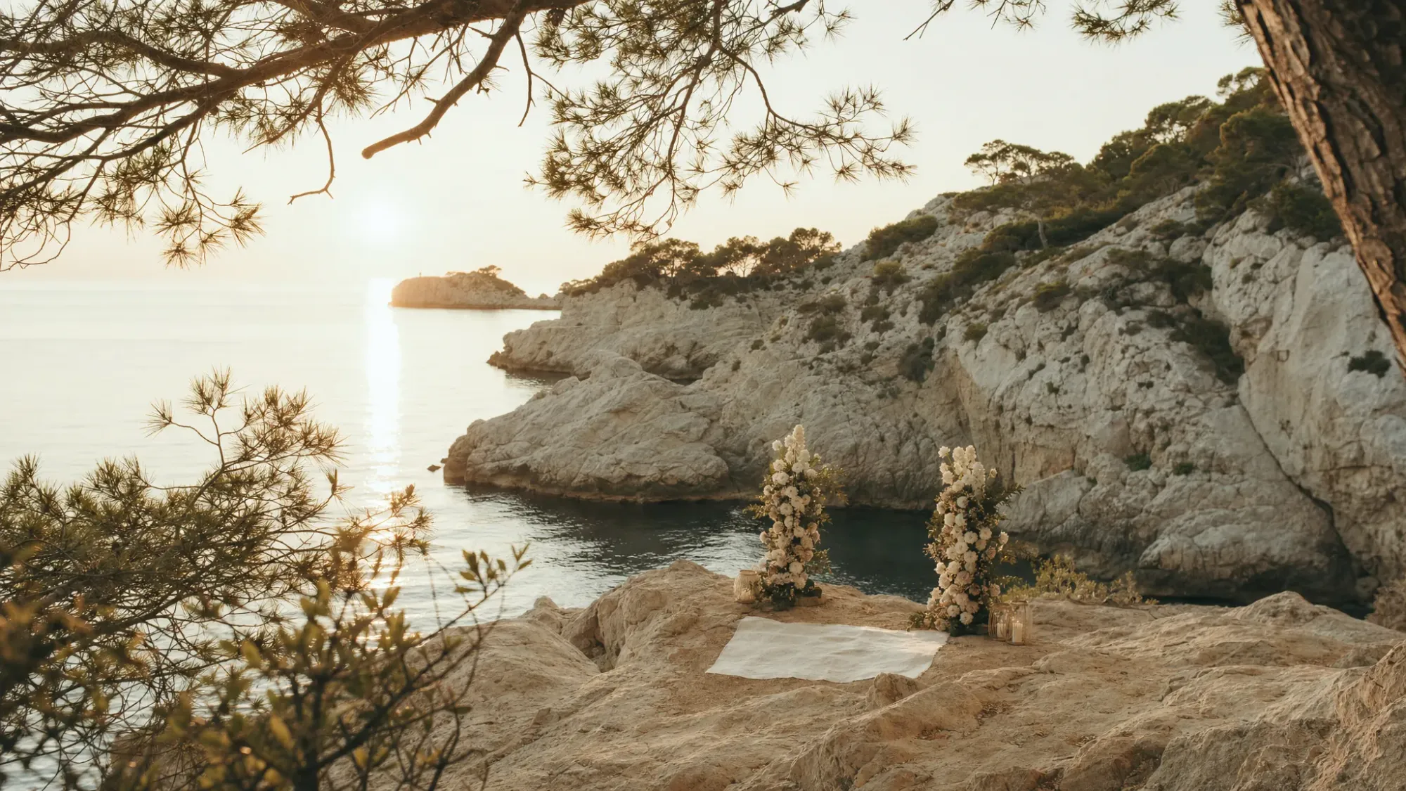 A quiet Spanish coastal cove at sunrise, with pale stone cliffs, still water, and pine branches in the foreground framing a small open space on the rocks for private vows.