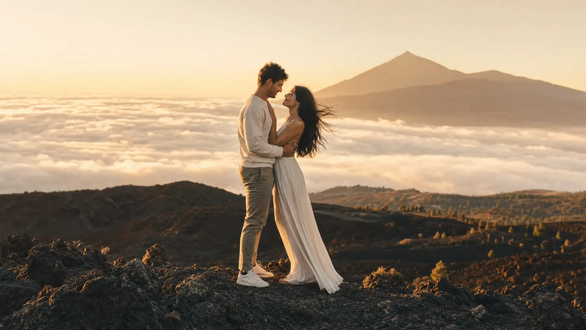 A couple stands on a volcanic ridge in Tenerife at golden hour, with dark lava rock underfoot, the sea of clouds below, and the mountain light stretching behind them.