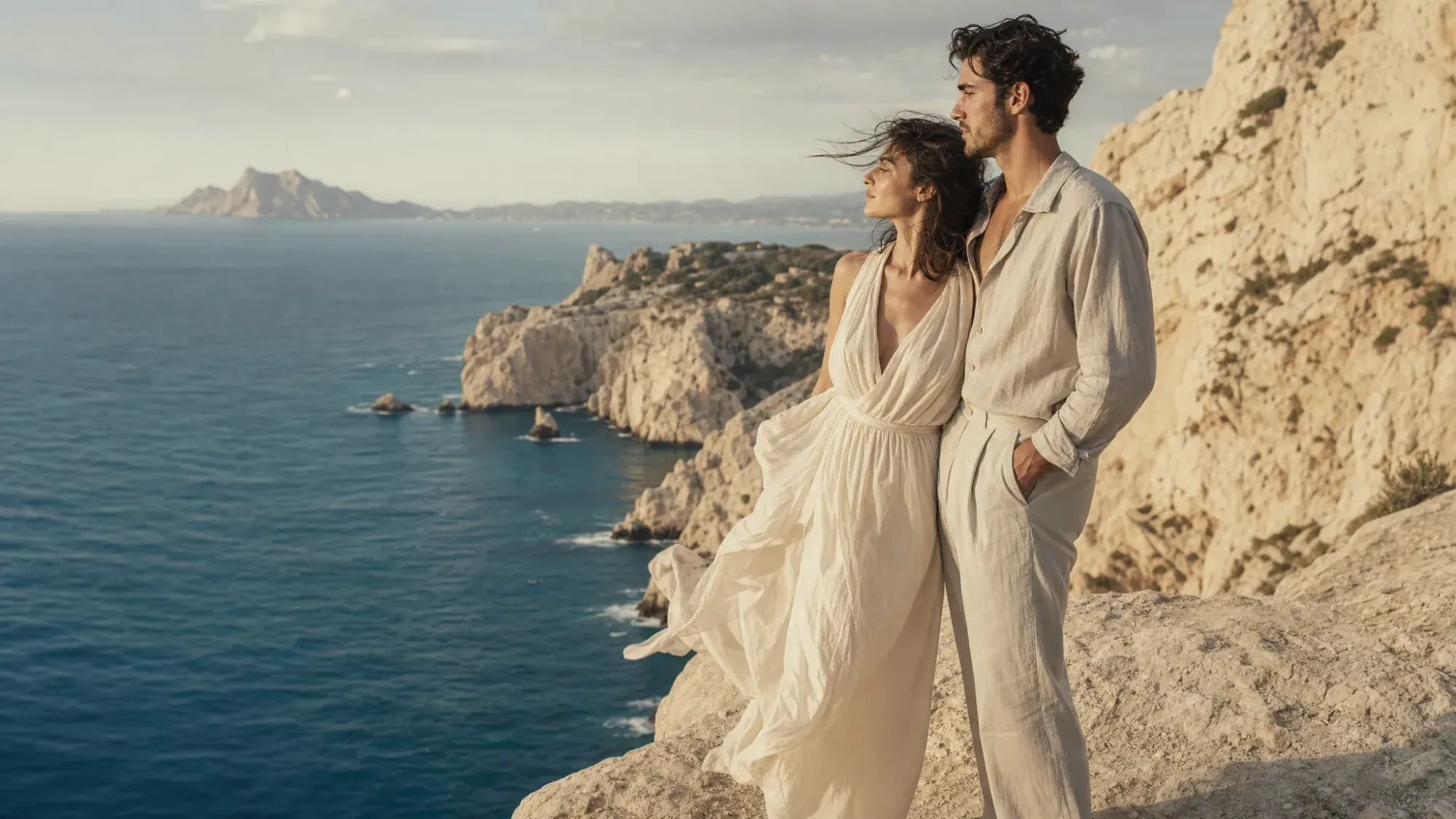 Two people standing close on a pale limestone cliff on the Costa Blanca, wind moving their hair and linen clothes, with blue Mediterranean water below and late afternoon light on the rock.