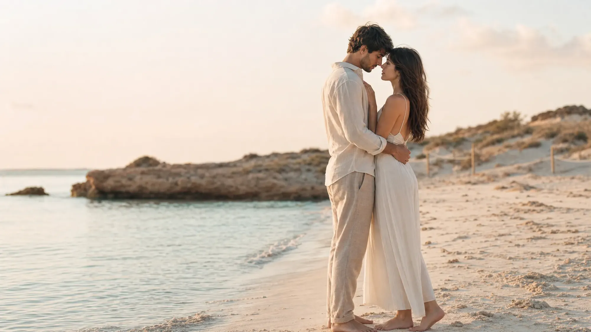 A barefoot couple standing close together on a quiet Formentera shoreline at sunrise, with pale turquoise water, soft white sand, and low dunes behind them.