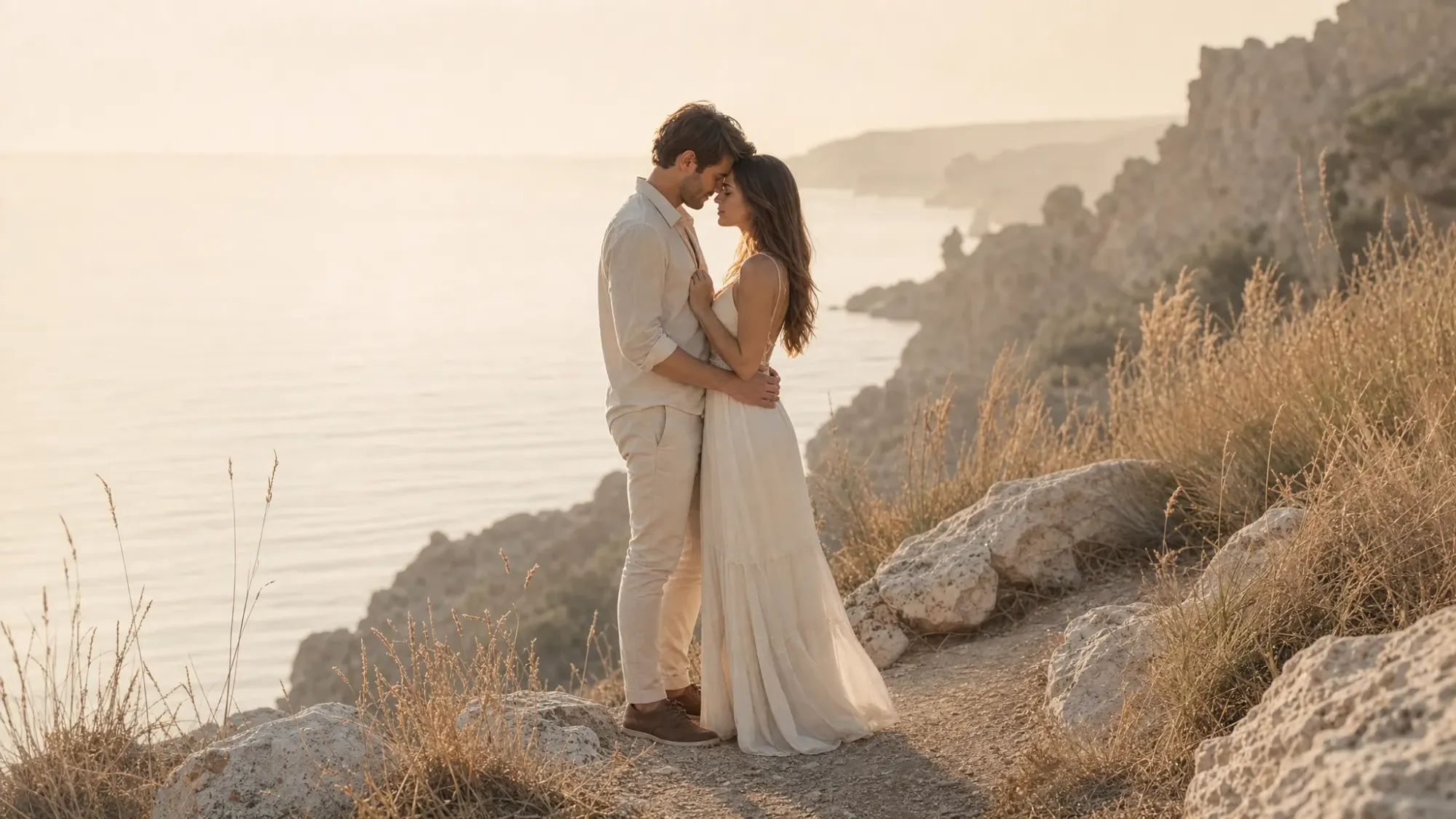 A couple stands close on a quiet cliff path above the sea in Spain at golden hour, with dry grass moving around their feet, pale rock underfoot, and the coastline falling away into soft haze behind them.