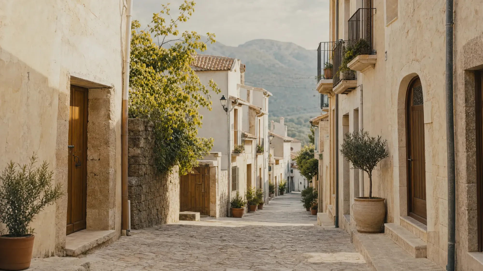 A quiet village lane in Parcent with pale stone houses, wooden doors, terracotta rooftops, and soft morning light across the cobbled street.