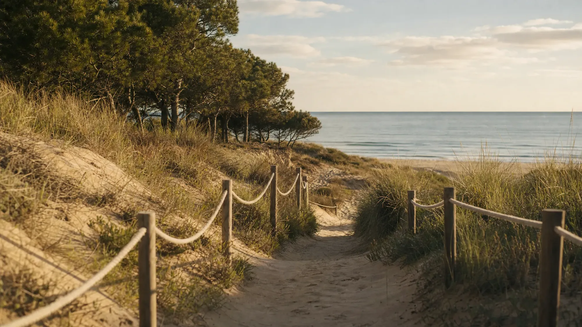 A quiet Mediterranean dune path in Guardamar del Segura leading toward the sea, with pale sand, low coastal grasses, pine trees behind the dunes, and soft late-afternoon light falling across the landscape.