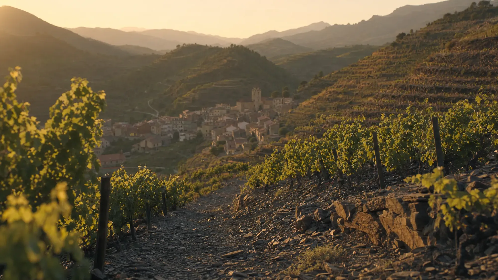 A quiet Priorat vineyard at golden hour, with steep terraced vines climbing dark slate hills, a narrow stone path between the rows, and a small Catalan village in the distance under warm evening light.