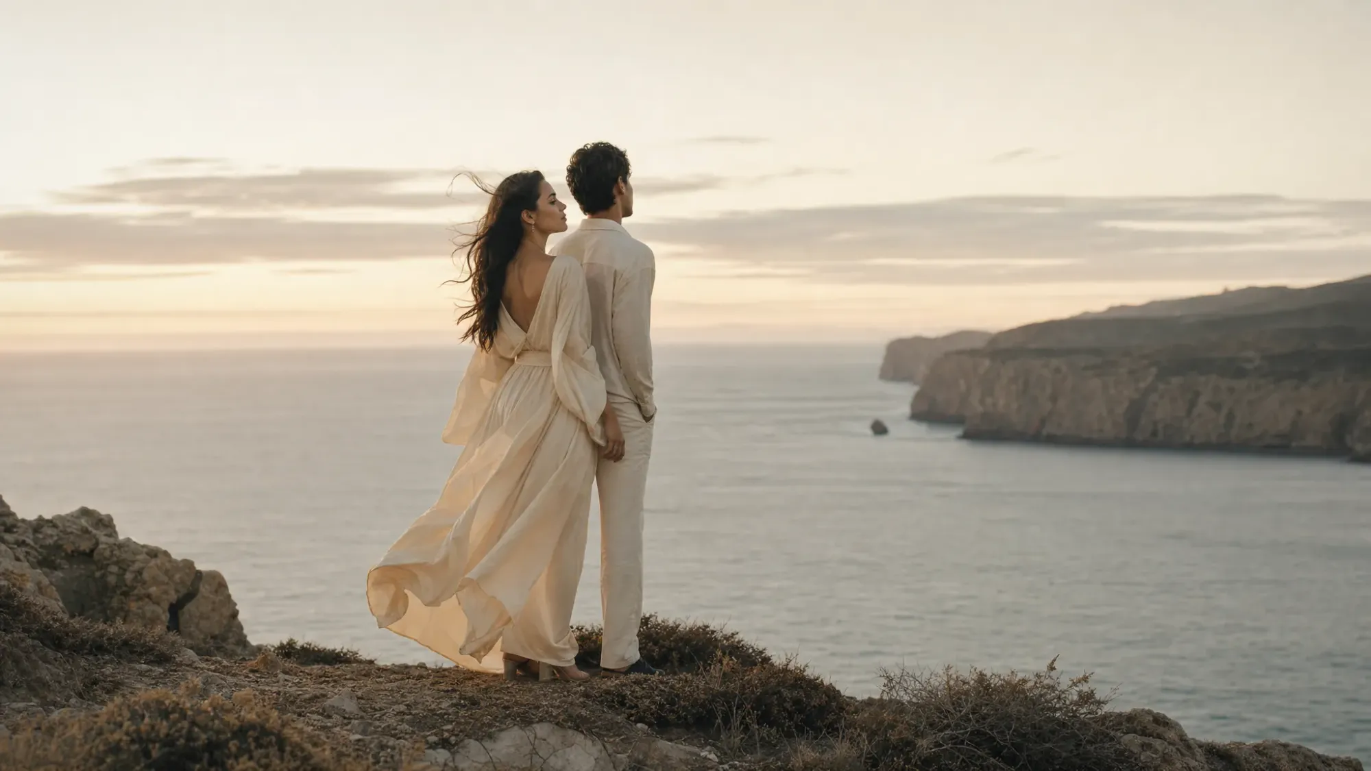 A couple stands together before sunrise on a quiet Spanish cliff, with the sea below and the first pale gold light appearing along the horizon. Their clothes move slightly in the morning wind, and the landscape feels empty, private, and calm.