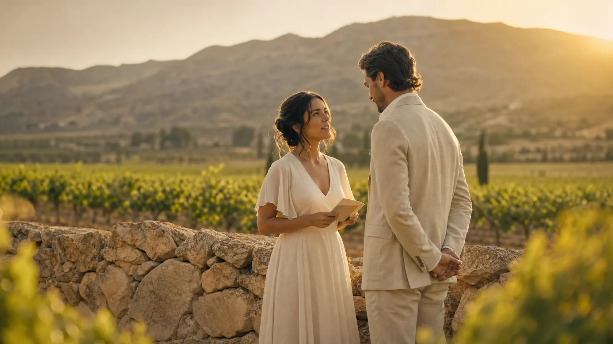 Two lovers sharing private vows beside a low stone wall near Algueña, with the vineyards and dry hills stretching quietly behind them in golden evening light.