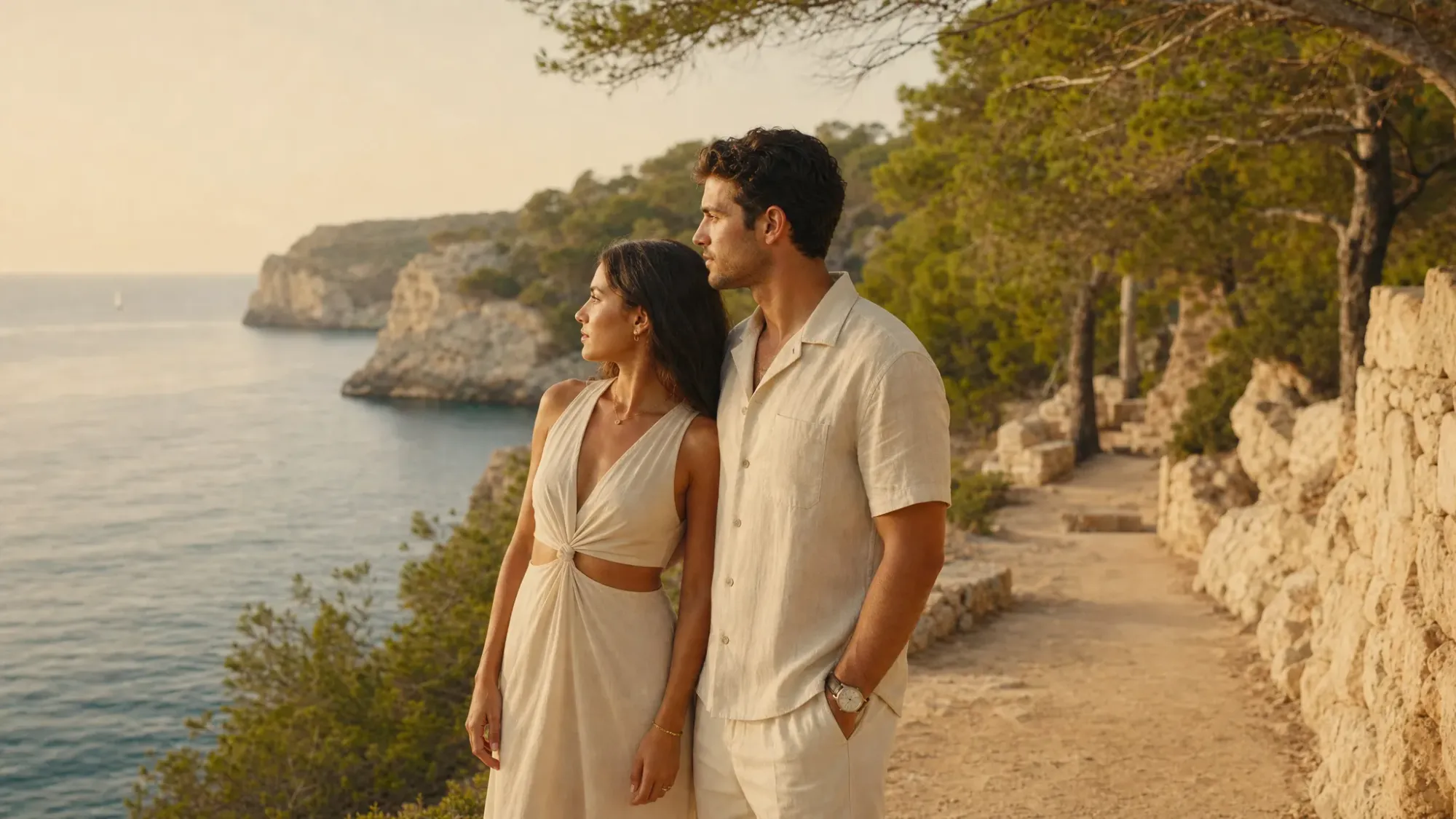 Two people standing together on a quiet Mallorca cliff path near the sea at golden hour, with pine trees and pale stone around them and the Mediterranean behind them in soft light.