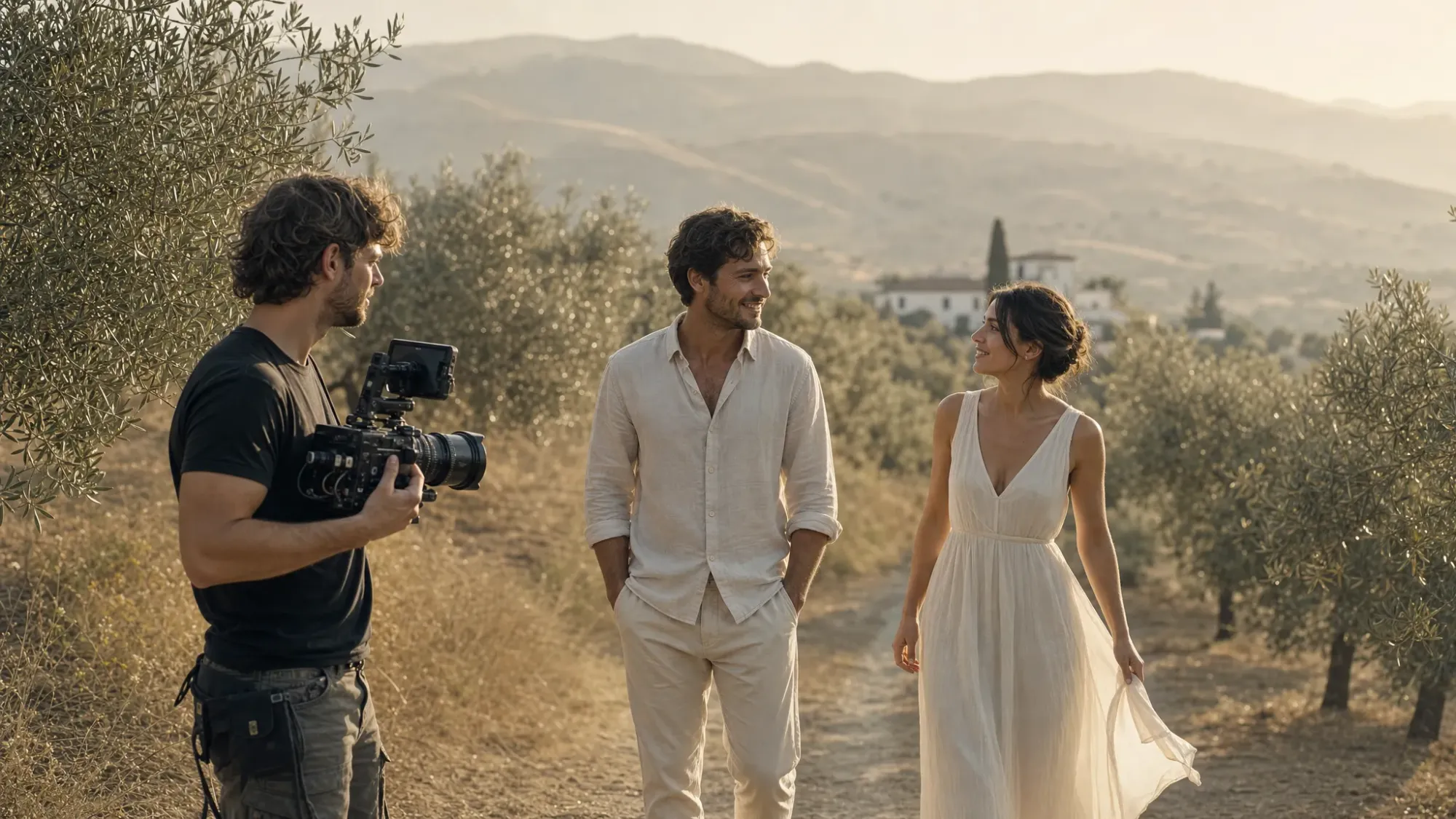 A filmmaker stands beside a couple walking through an olive grove in southern Spain at sunrise, with a narrow dirt path, silver-green trees, and low hills fading into morning haze behind them.