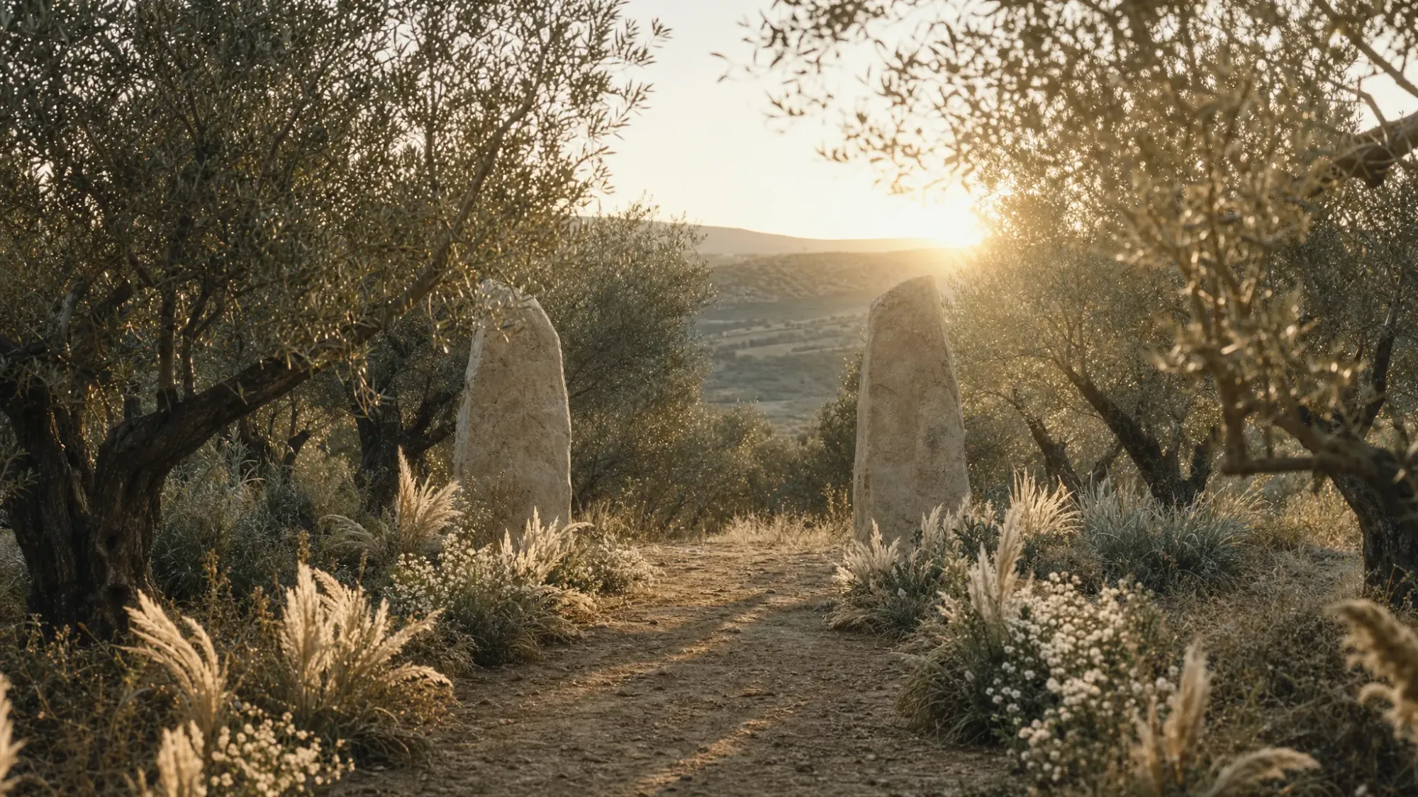 A quiet olive grove in Spain at early morning, with silver-green leaves catching soft sunlight, a narrow earth path between old trees, and a simple vow ceremony space suggested by two standing stones and wild grasses.