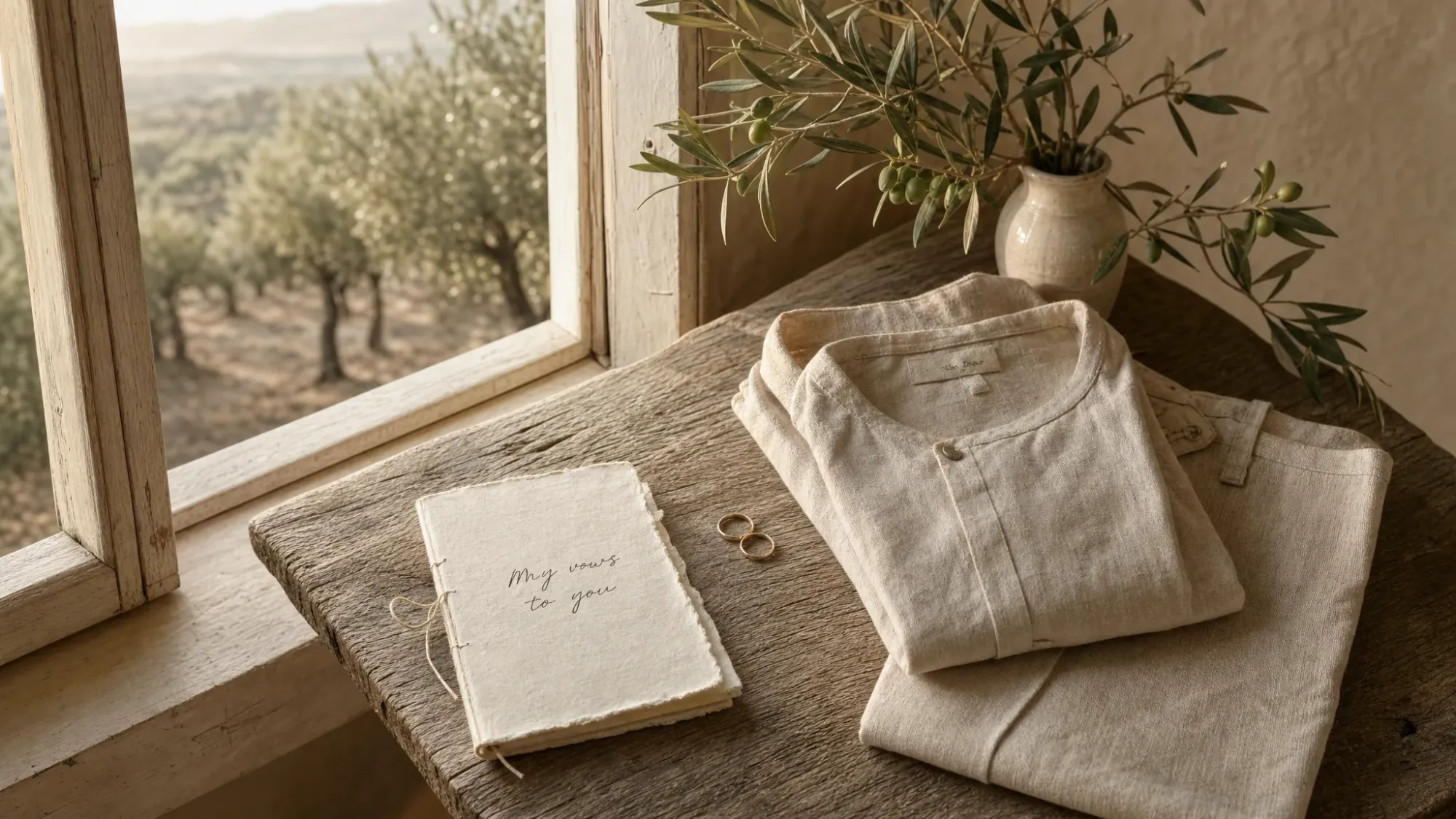 A handwritten vow notebook, two simple rings, and a folded linen outfit resting on a rustic wooden table beside an open window, with olive trees outside in the soft morning light.