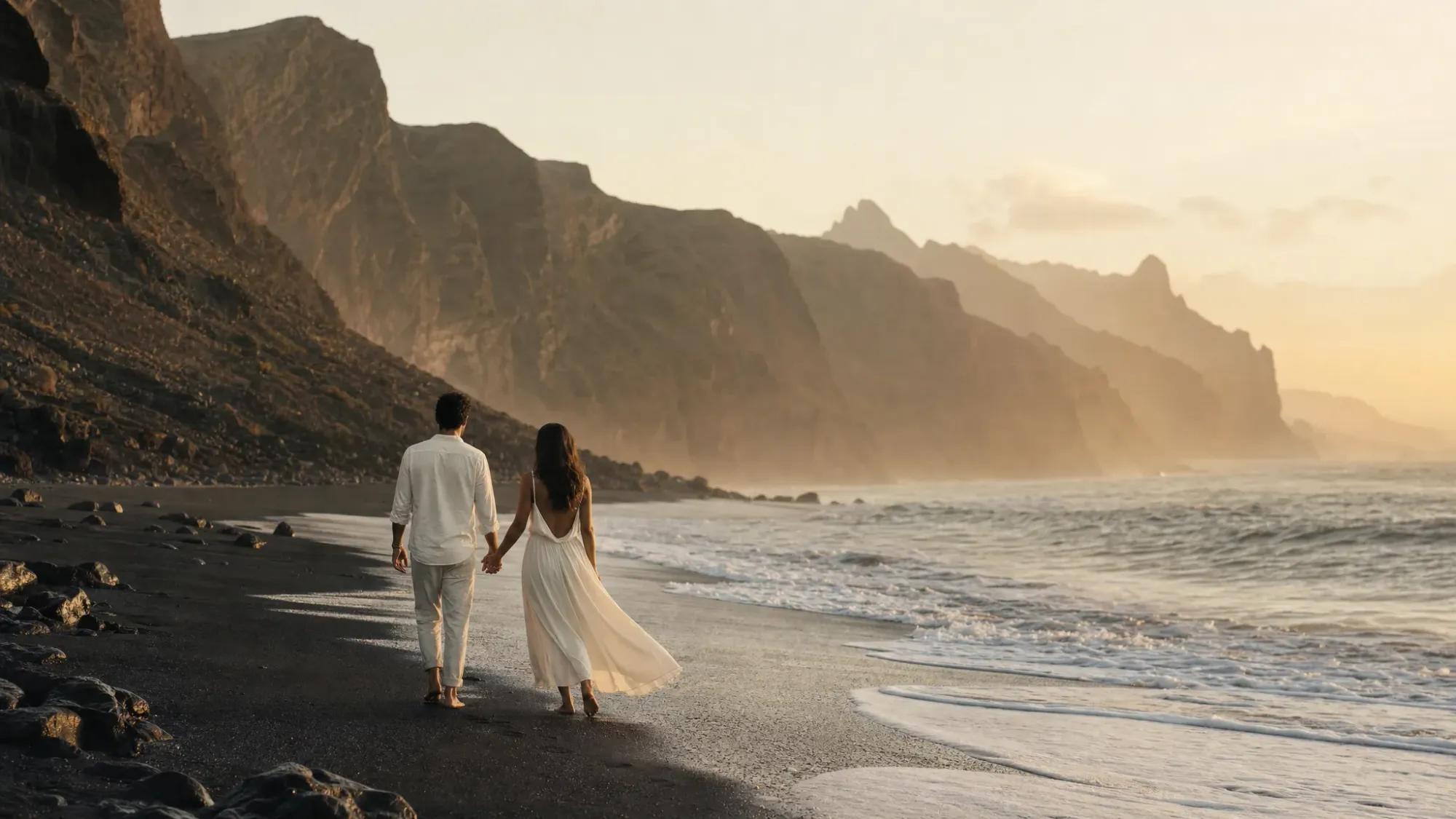 A black sand beach in northern Tenerife below rugged cliffs, with gentle waves pulling back from the shore and the couple walking near the tide line as they hold hands.