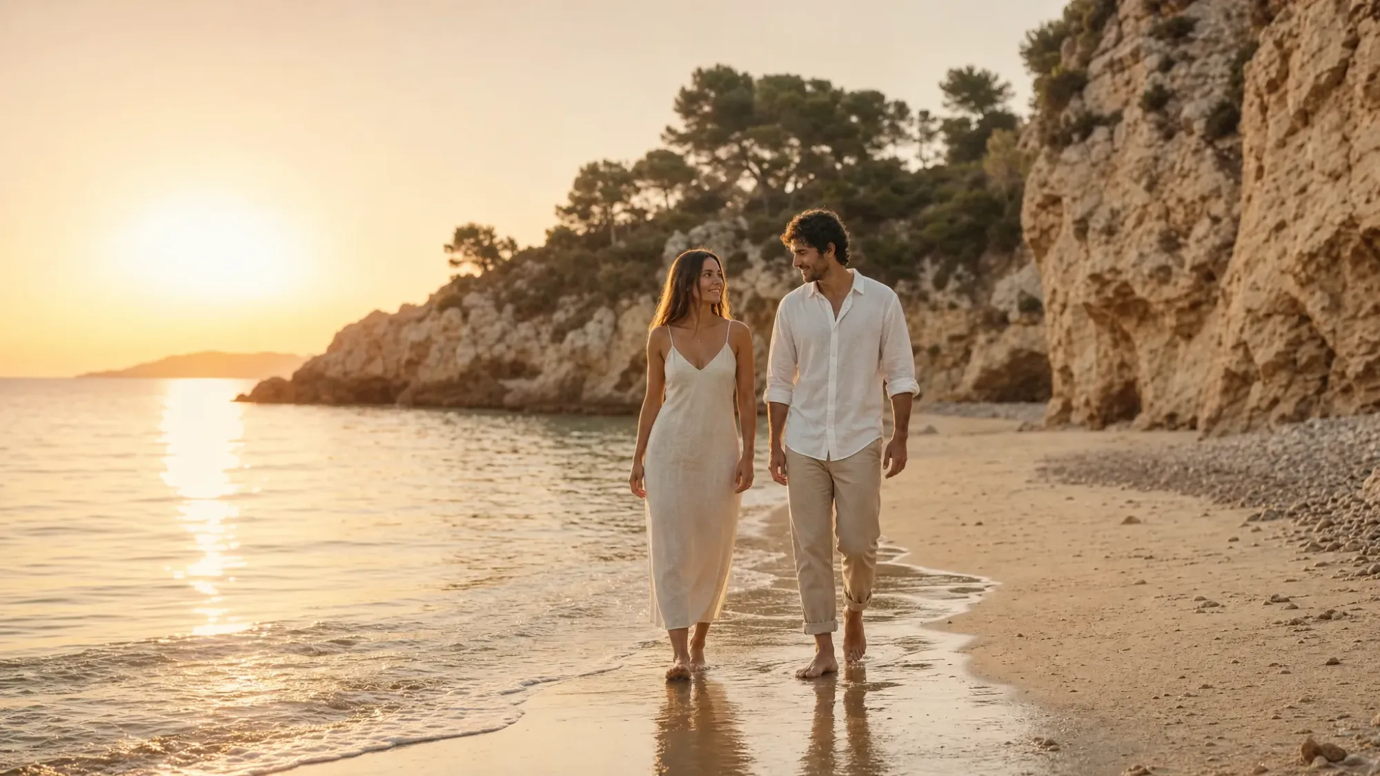 A quiet Costa Blanca cove at sunrise with two people walking barefoot along the wet edge of the shore, cliffs behind them, and the sea reflecting the first light around their feet.