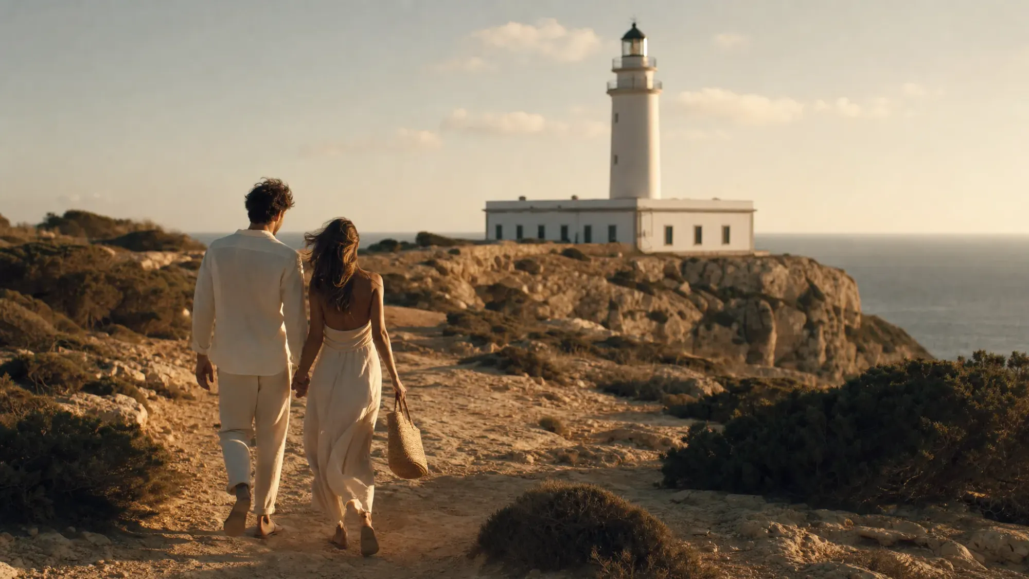 A cinematic moment on Formentera with a couple walking along a rocky path toward a lighthouse at golden hour, low shrubs and dry earth around them, and the sea visible beyond the cliffs.