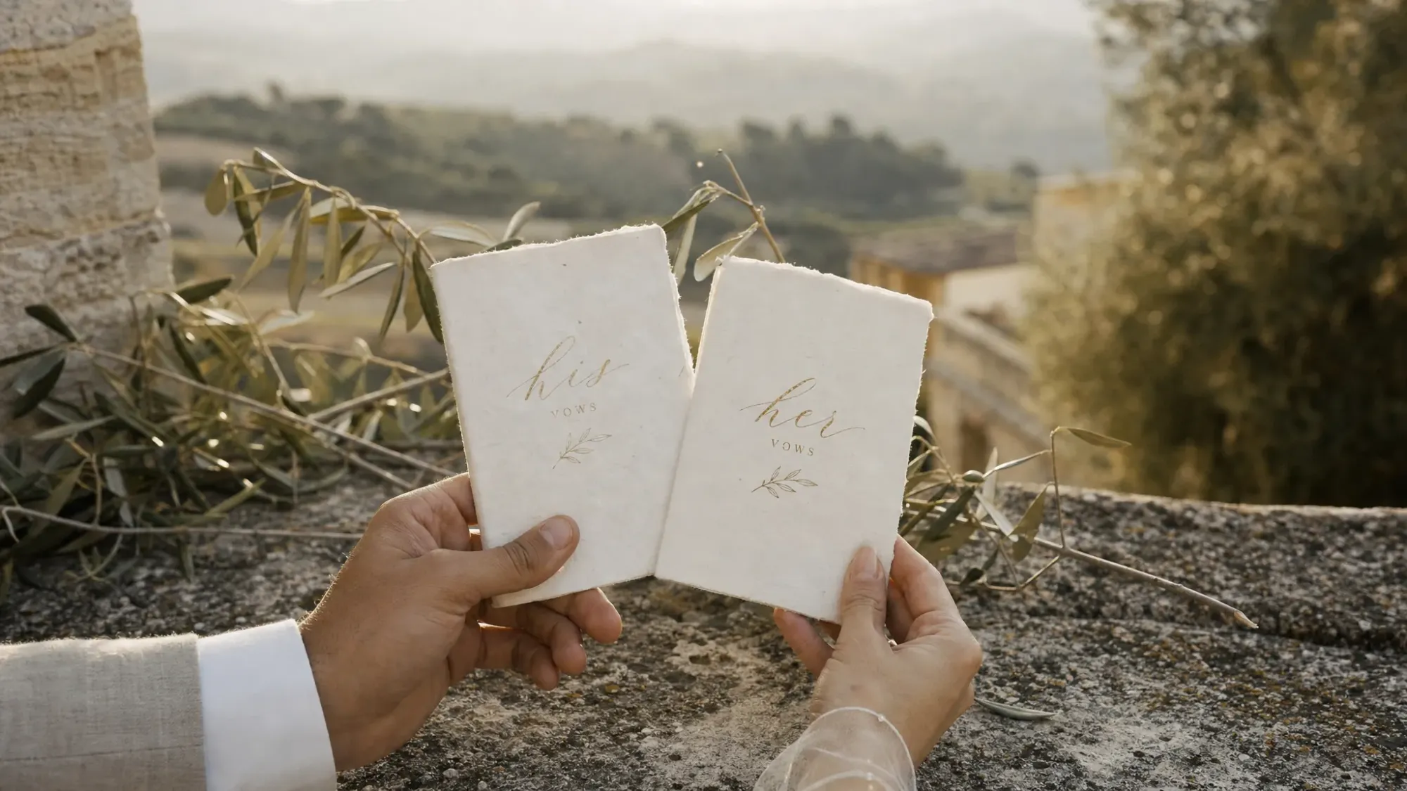 A close view of two hands holding handwritten vow books beside olive branches and weathered stone in a quiet Spanish grove, with soft hills fading into the background.